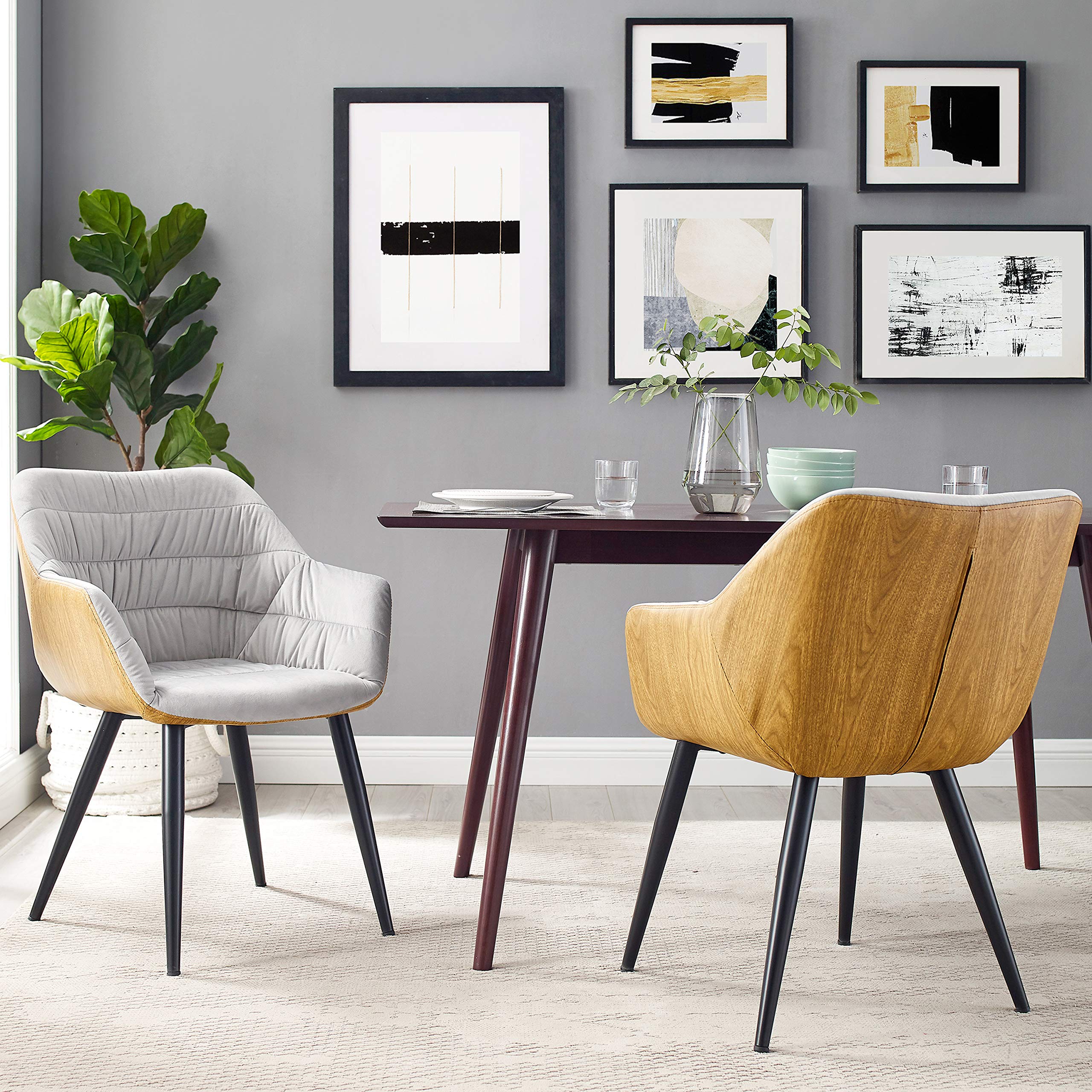 Volans Mid Century Modern Light Grey Velvet Upholstered Desk Chair with Unique Yellow Oak Wooden-Grain PU Leather Back Side, Dining Side Chair, Accent Arm Chair with Metal Legs, 1Pcs