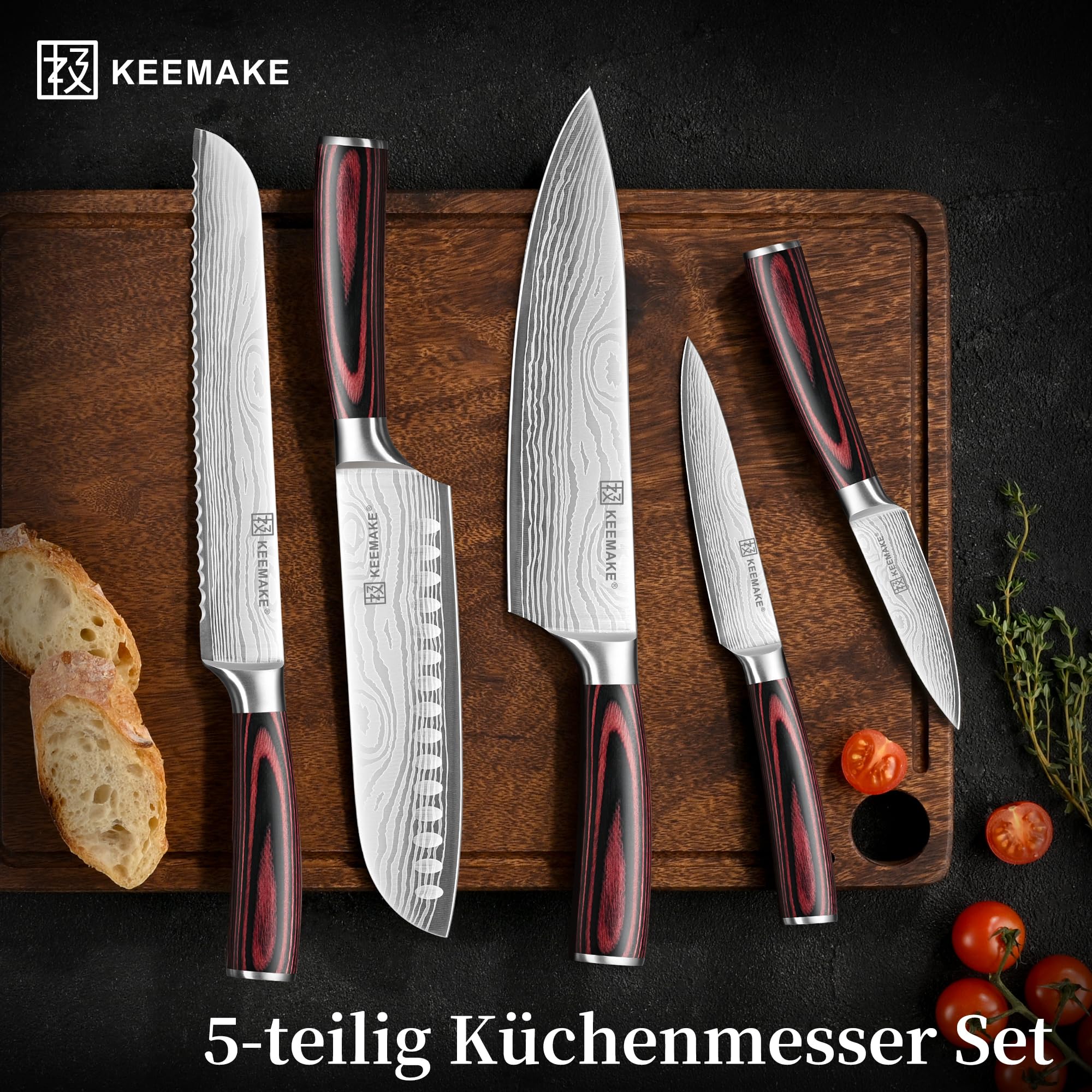 KEEMAKE 5-teiliges Profi Messerset Küchenmesser Set aus scharfem Edelstahl - Japanisches Kochmesser Design mit Pakkaholz Griff, inkl. Santoku, Brotmesser & Geschenkbox, Vatertagsgeschenk für Papa