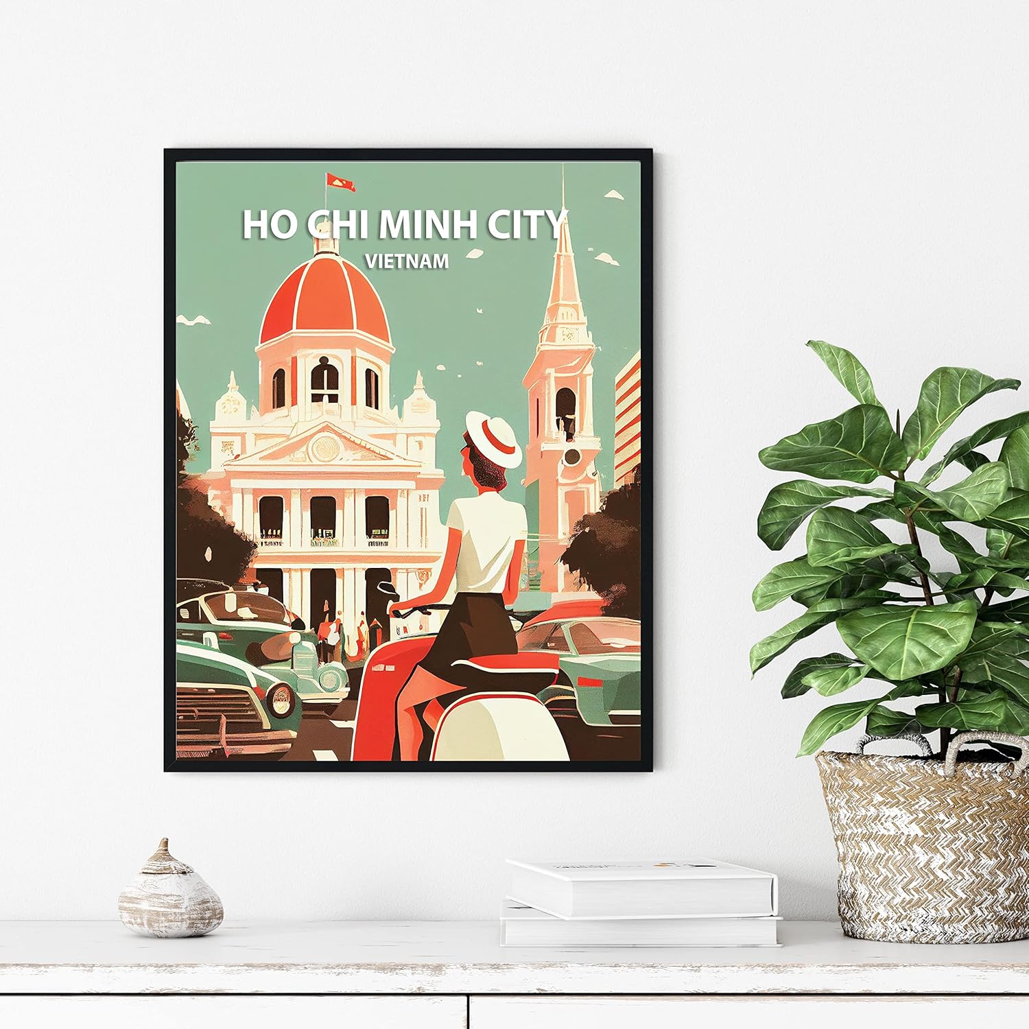 Ho Chi Minh City Retro Art Print Poster, Vietnam Wall Art for Living Room, Bedroom, Office - Landscape Picture Home Decor (16x20 inches + Black Frame)