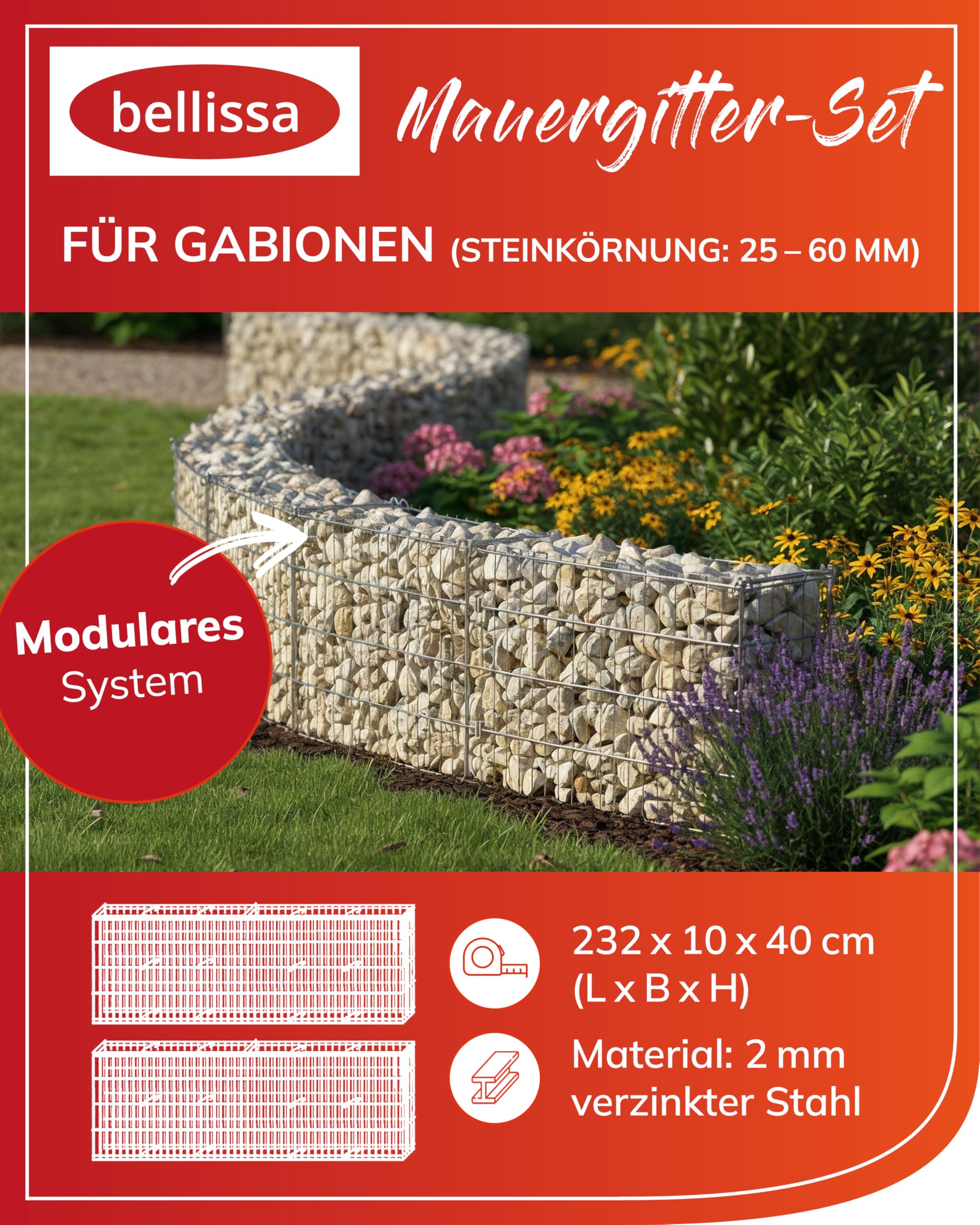bellissa Mauergitter-Set für Gabionen verzinkt 232x10x40 cm | Längenverstellbare Gabionenkörbe für Steingabionen, erweiterbare Gabionengitter für Beetumrandung