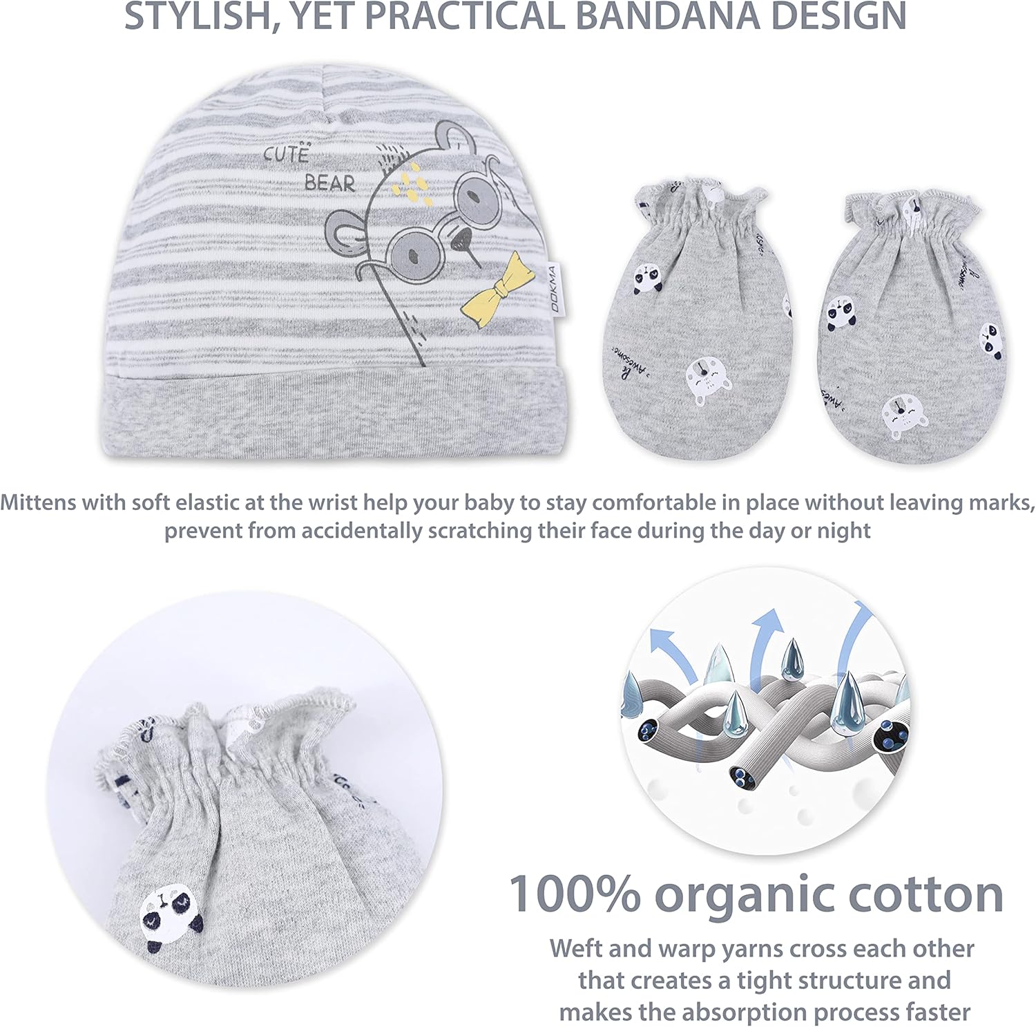 DOKMA Organic Cotton Baby Mittens and Caps Set - Mittens for Newborn 0-6 Months - Ultra Soft, No Scratch - 5 Caps x 3 Mittens - Image 3
