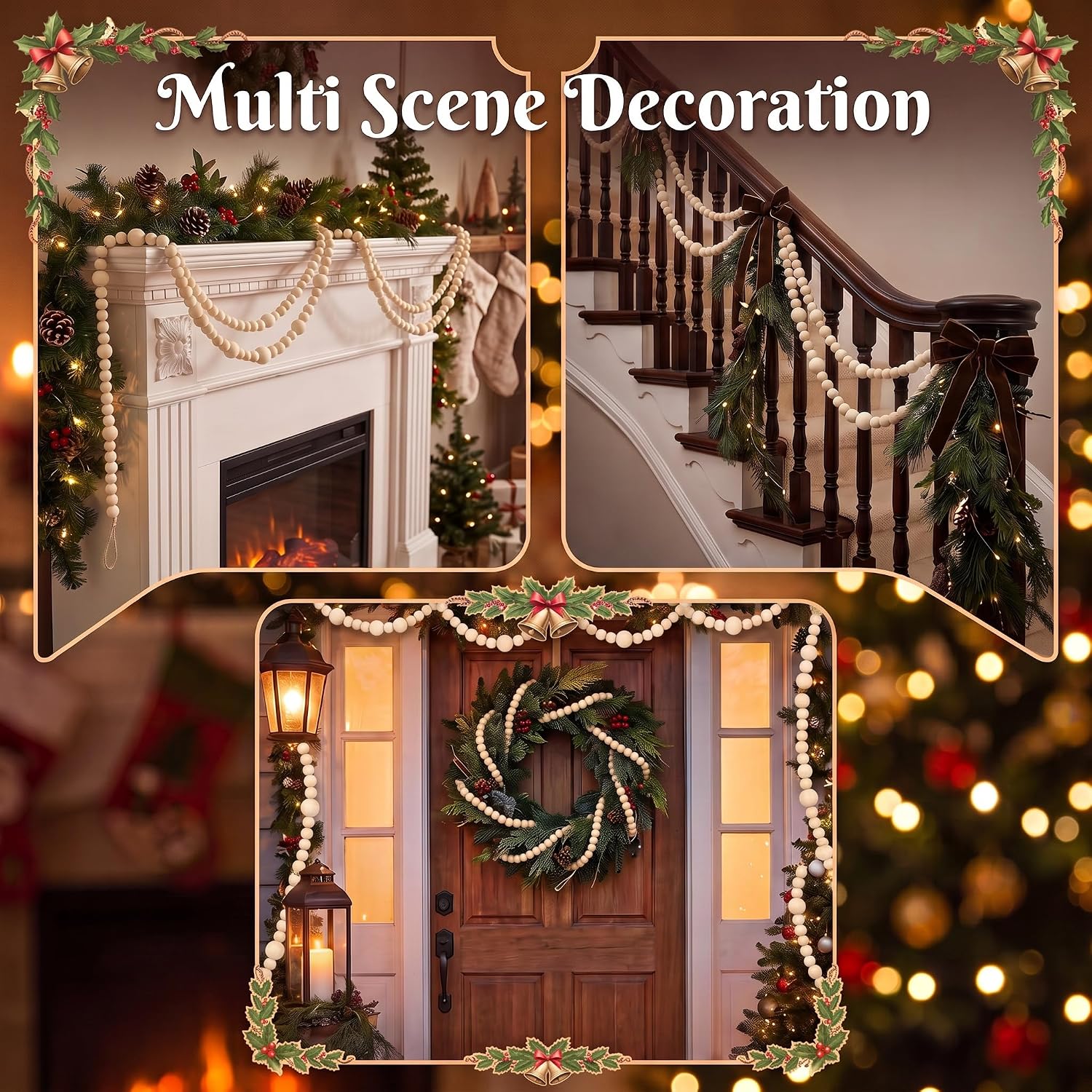 ZenNex 2 Pcs Christmas Wood Bead Garland 18.4 Ft Rustic Boho Decor, Wood