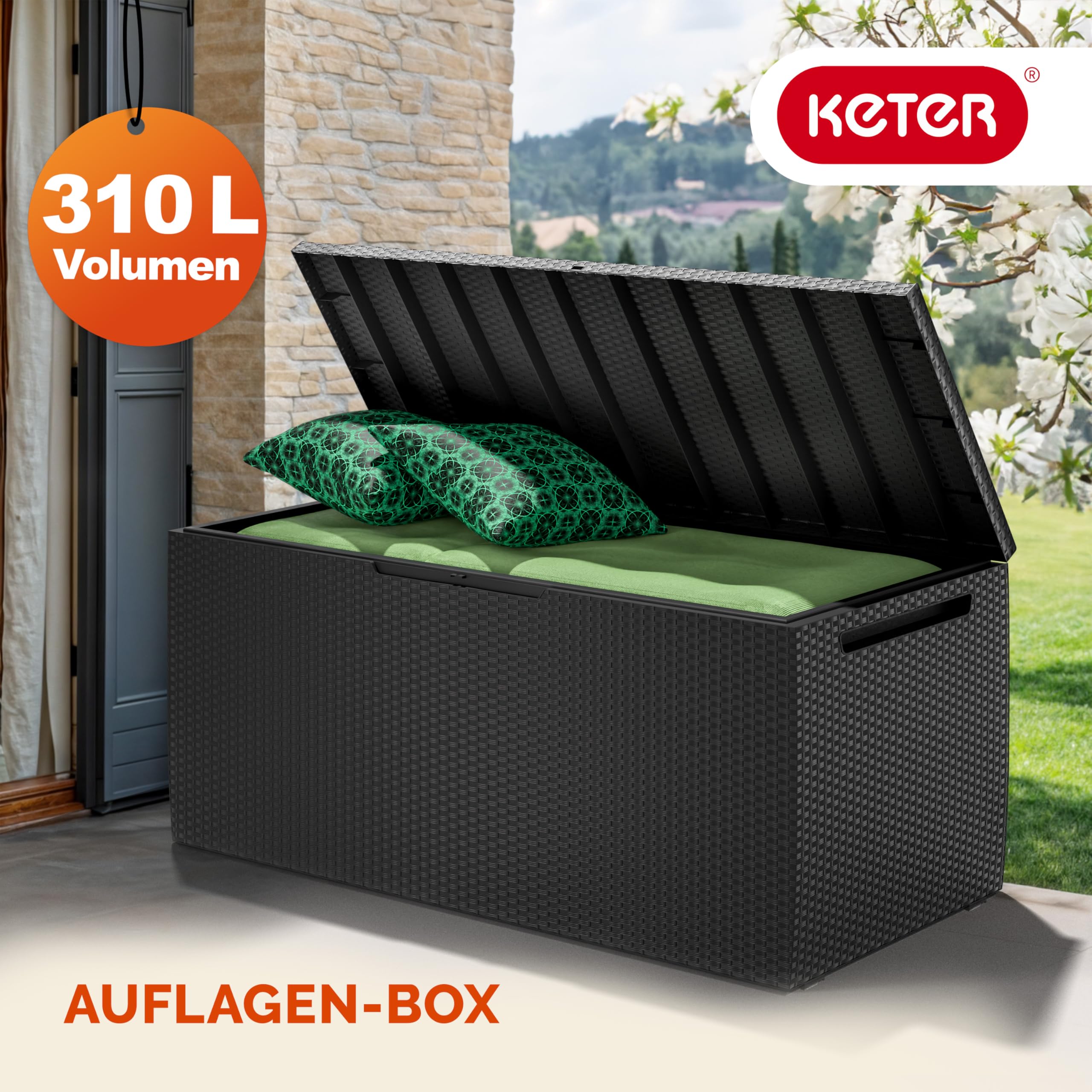 Deuba® Gartenbox 310L UV-beständig Haltegriffe Rollen Verschlussvorrichtung Balkon Wohnzimmer Wintergarten Kissenbox 123x53cm Rattan-Optik Anthrazit