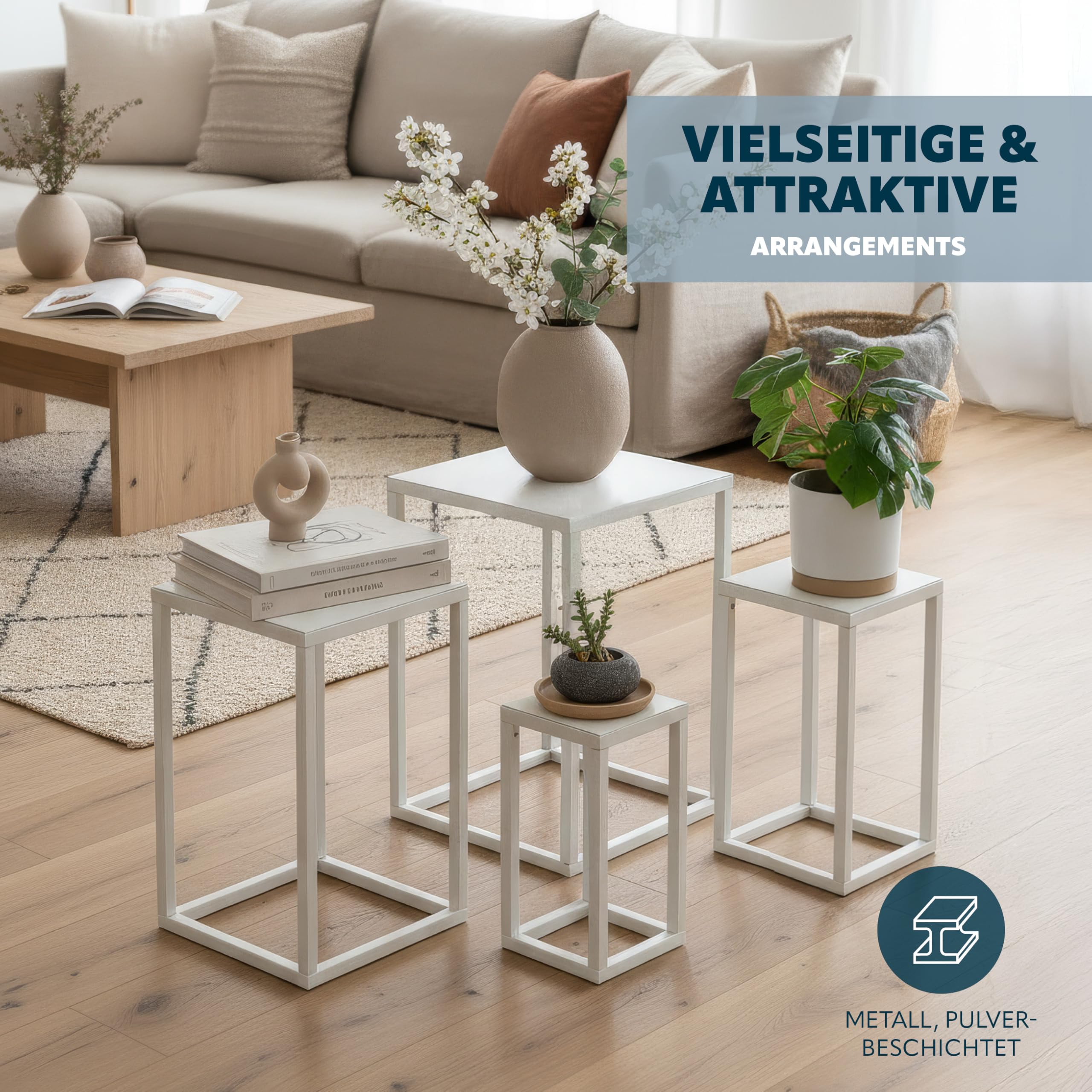 bremermann Blumenhocker 4er-Set, Metall-Pflanzenständer, moderne Blumensäule ideal für Wohnzimmer, Flur und Büro, stabiles und platzsparendes Regal für Dekoration und Zimmerpflanzen