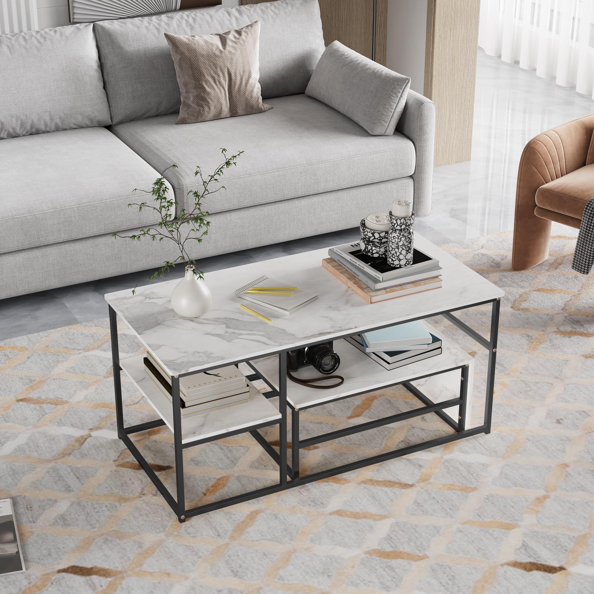 Set di 2 tavolini rettangolari, effetto marmo, con telaio in metallo, per soggiorno, soggiorno, soggiorno, balcone, ufficio, nero, 105 x 52 x 48,5 cm