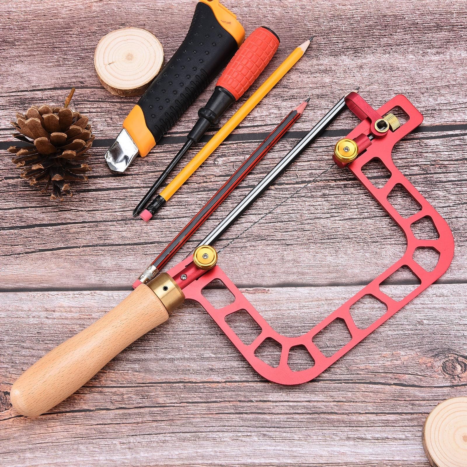 Scie à archet multifonction en forme de U, 7,6 cm avec poignée en bois pour jardinage, élagage, coupe (scie + 12 lames de scie)