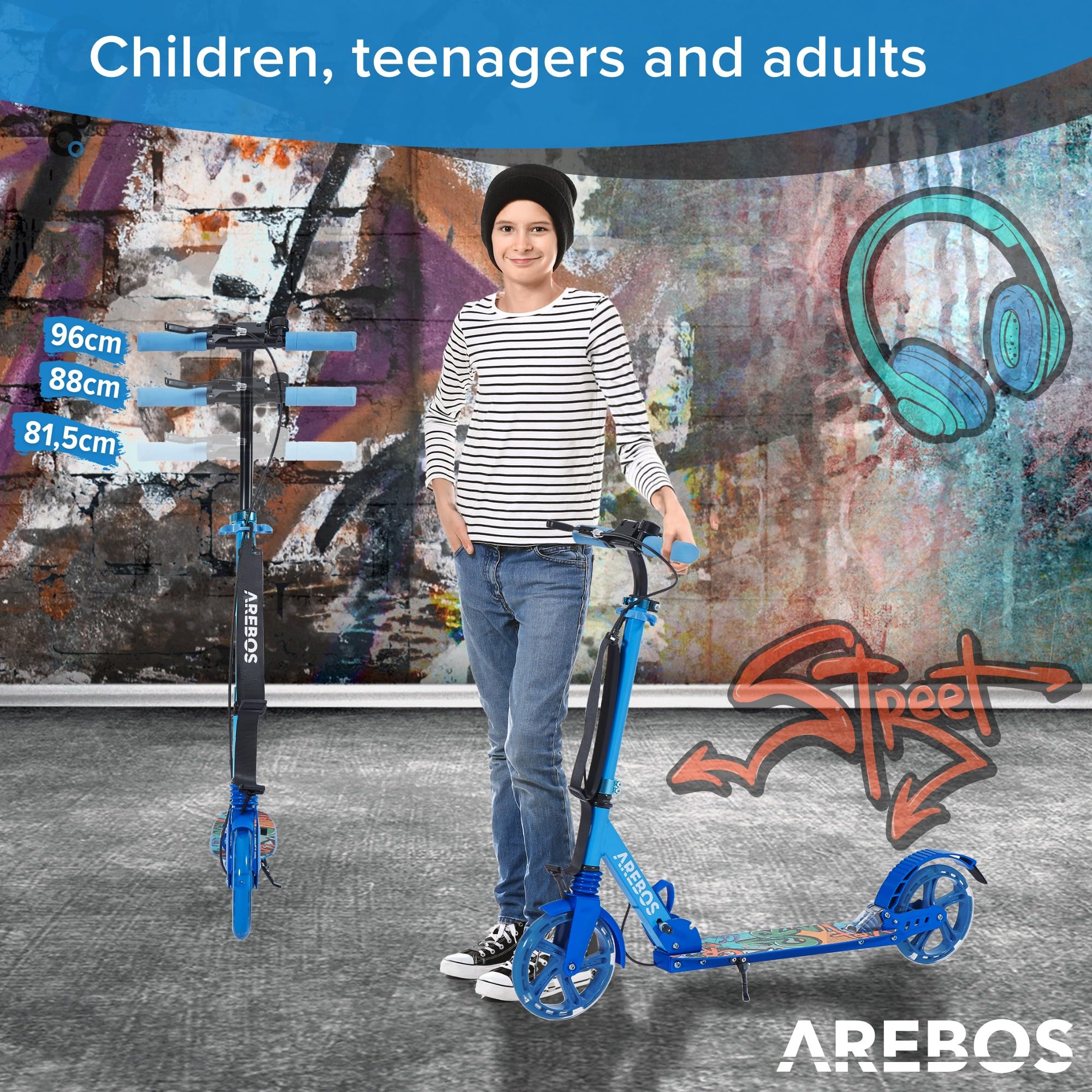 Arebos City Scooter Patinete a Pedales Azul Regulable en Altura Plegable Ruedas LED Freno de Pedal Manual