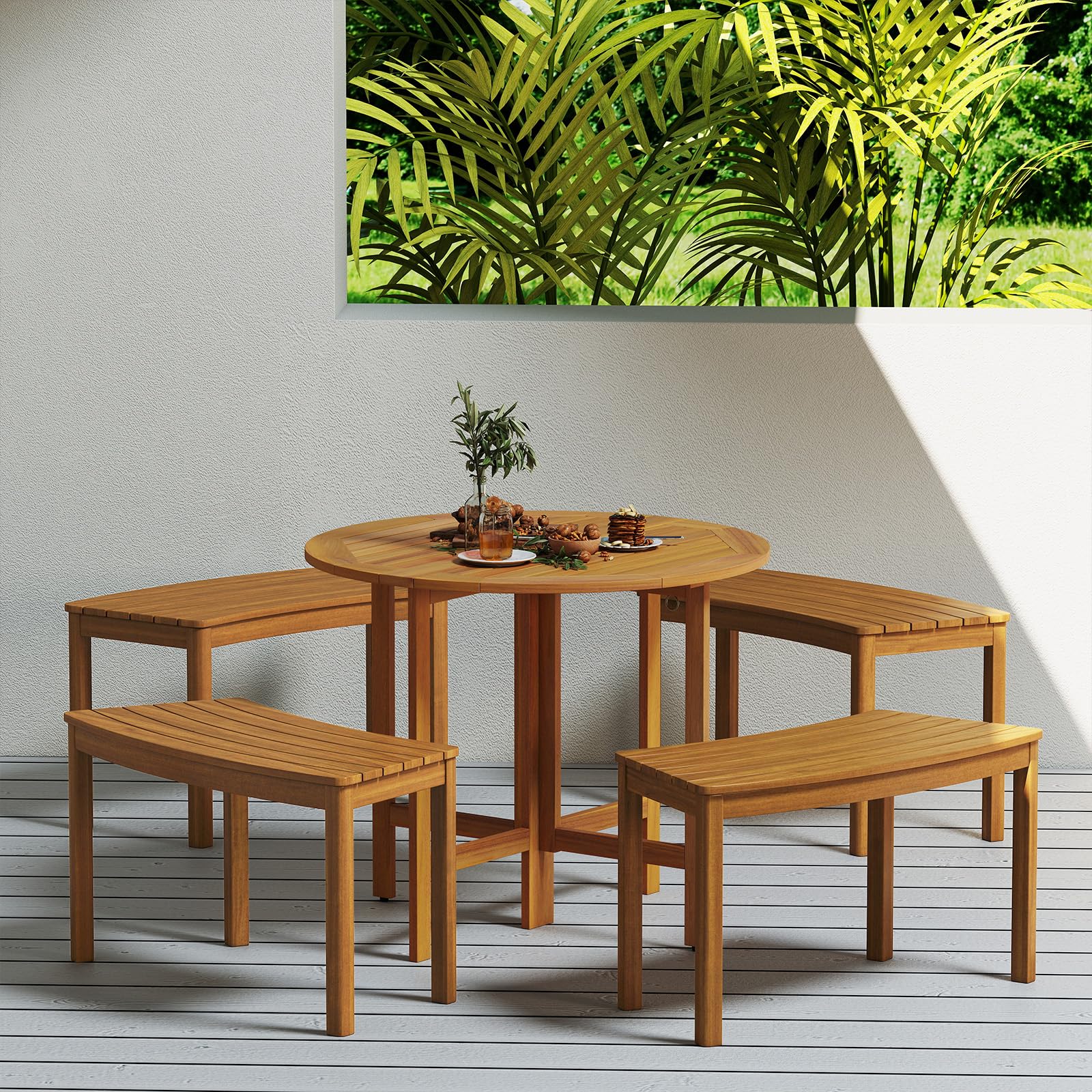 COSTWAY Gartenbank Holz Wetterfest 2er Set, Sitzbank ohne Rückenlehne, Gebogene Holzbank, Parkbank aus Akazienholz, Bank für Garten, Balkon, Terrasse (Natur)