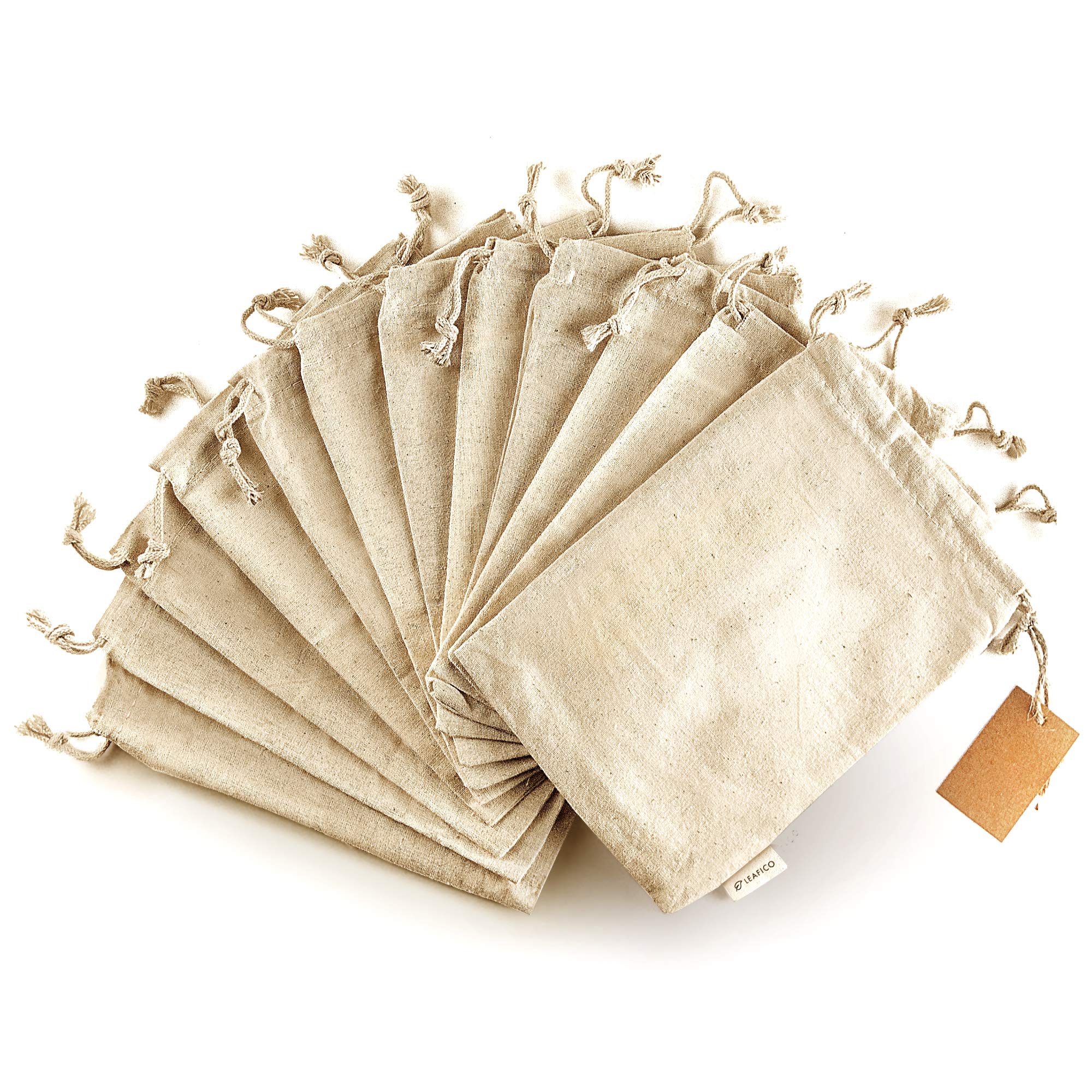 LEAFICO Organic Cotton Reusable Produce Bags - Small 5x7 (12 Pack) - Biodegradable Eco-Friendly Bulk Bin Sacks for Food - Cloth Bags with Drawstrings - Linen Pouch for Fruit, Vegetable Storage