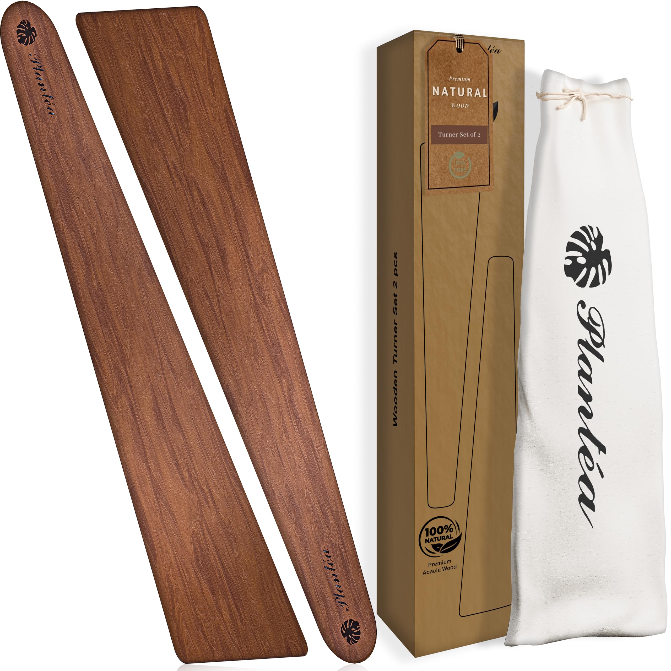 Plantéa 12 Inch Acacia Wood Spatula for Cast Iron, Small Wooden Flipper, Egg Scraper, Flat Turner, Multipurpose Cooking Utensil, Set of 2 Spatulas for Flipping, Scraping, Serving & Turning