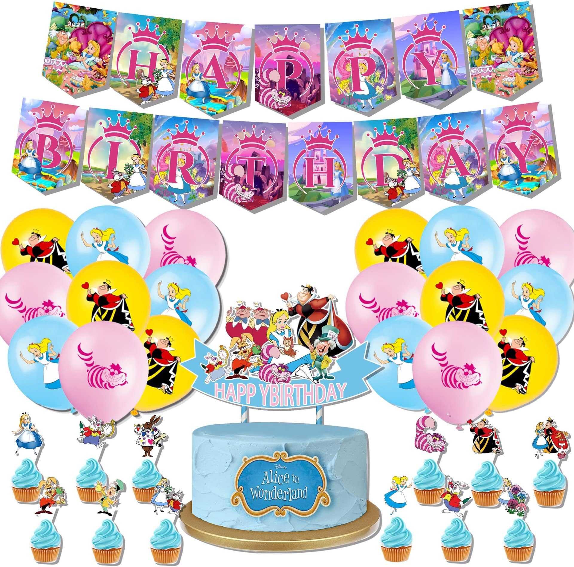 Alice Birthday Party Decorations, Alice Party Supply Set for Kids with 1 Happy Birthday Banner, 1 Cake Topper，12 Cupcake Toppers,18 Balloons for Girls And Boys Party Supplies