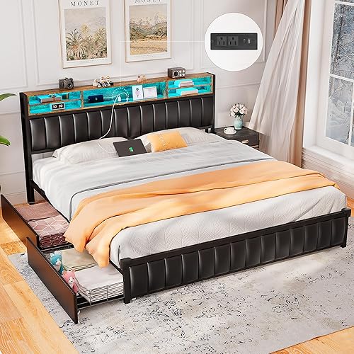Miniatura 9 de Base de cama Queen con cabecera de estantería y estación de carga, plataforma tapizada Queen con 4 cajones de almacenamiento y luces LED, puertos