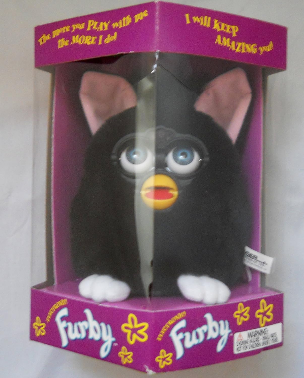 Furby Model 70-800 Black Body & Hair, White Feet, Pink Ears Blue Eyes Rare 1998