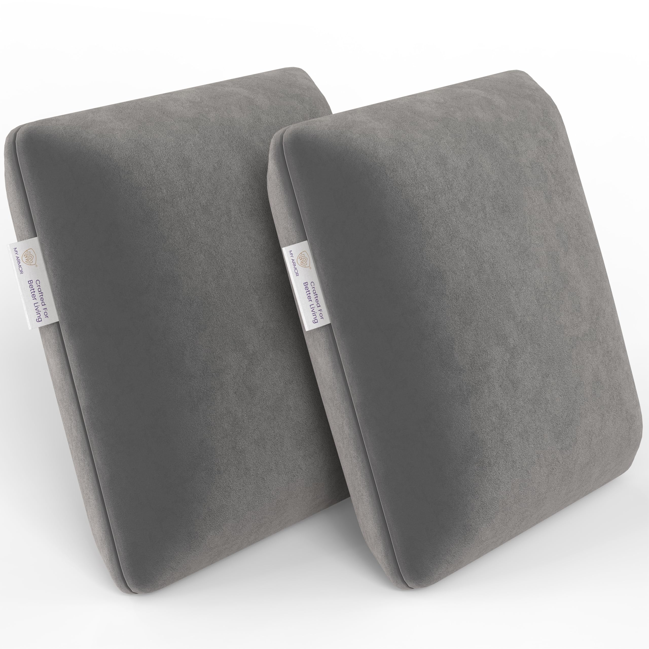 MY ARMOR Cojín Cuadrado de Espuma viscoelástica para Coche, sofá, Cama, Silla y decoración, Altamente Duradero, hipoalergénico, Funda de Terciopelo, Gris, Paquete de 2 [35,5 x 35,5 x 10,1 cm]