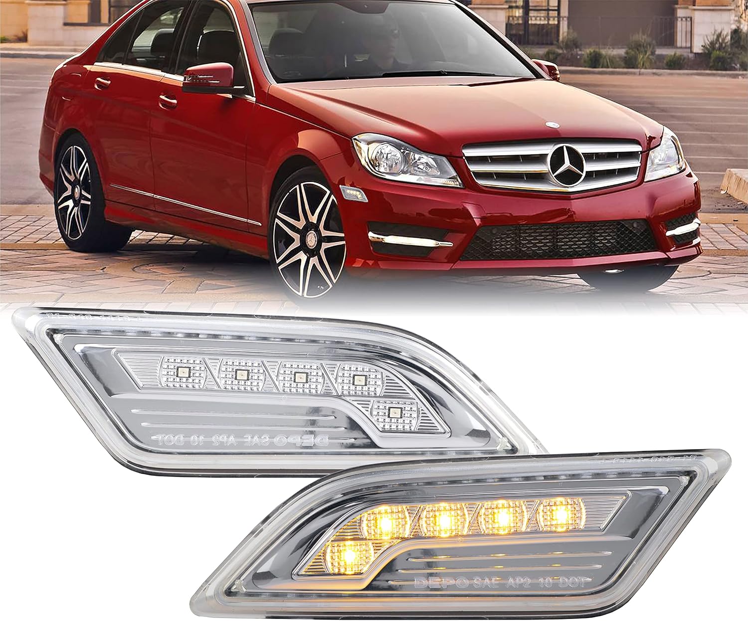 USR DEPO 12-14 W204 Clear Lens AMBER LED Bumper Side Marker Light Assembly Set (Left + Right) Compatible for 2012-2014 Mercedes Benz W204