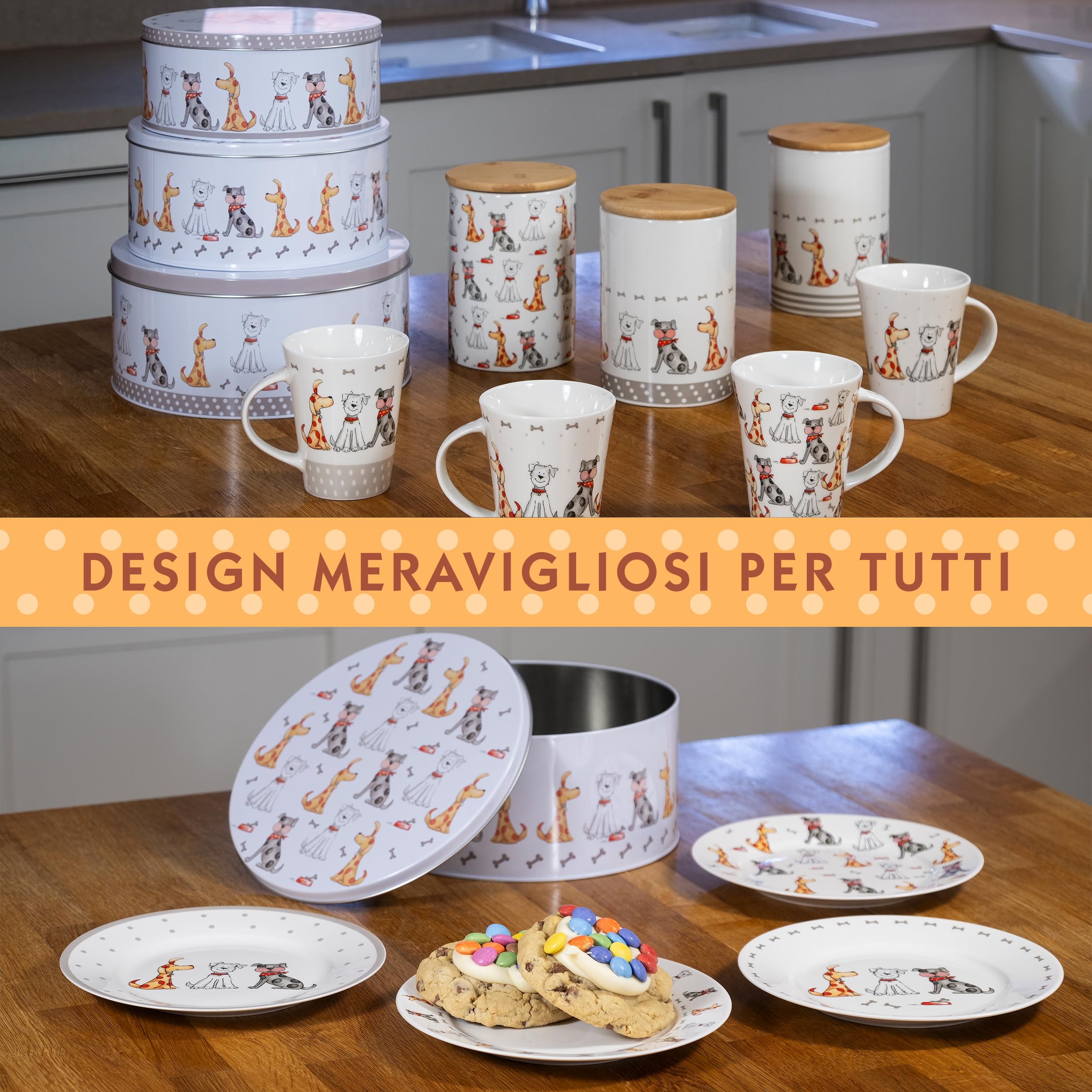 SPOTTED DOG GIFT COMPANY Set di 3 Scatole di Latta, Contenitori Impilabili per Biscotti in Metallo, Barattoli di Latta Rotondi Ermetici per Conservare Torte e Alimenti, Piccoli Medi Grandi - Cani