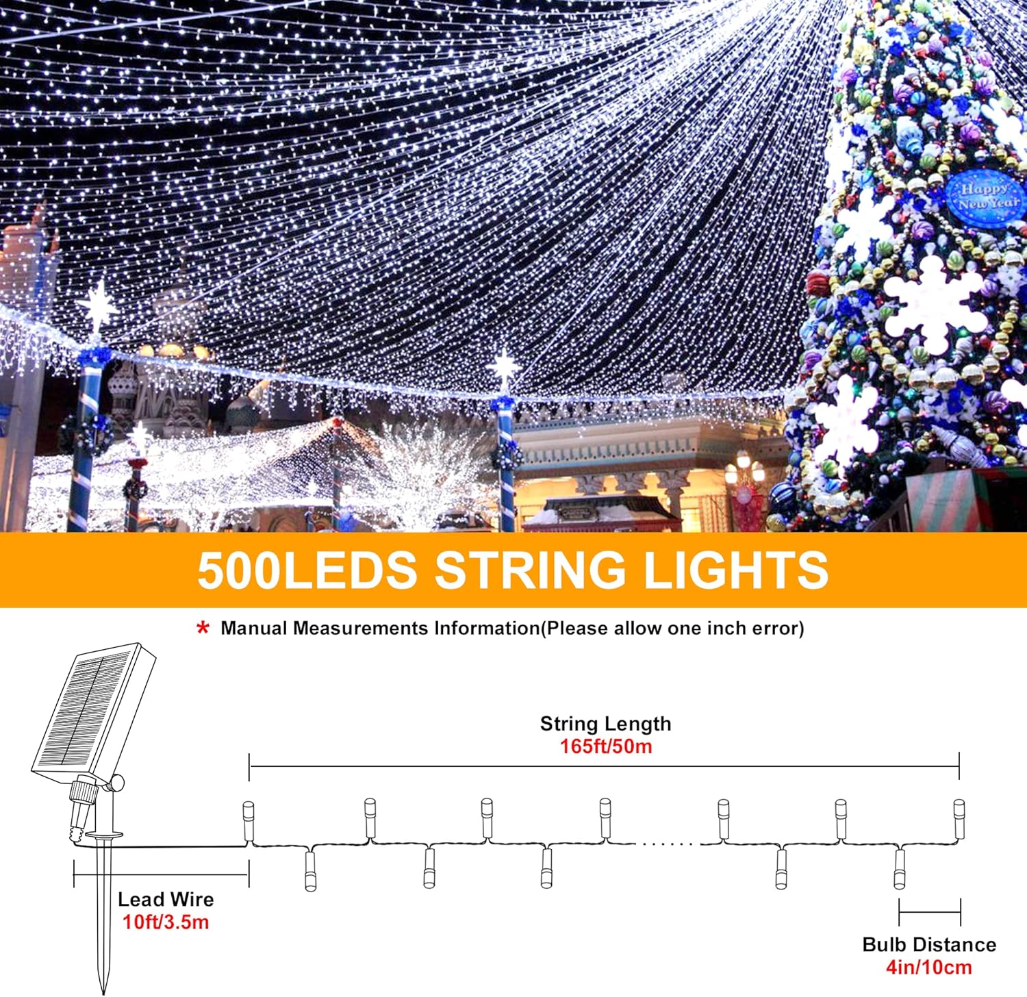 Solar String Lights Outdoor,500 LED 165FT Christmas Lights with 8 Modes and Timer, Remote Control for Holiday Patio Garden Party Decor(White)