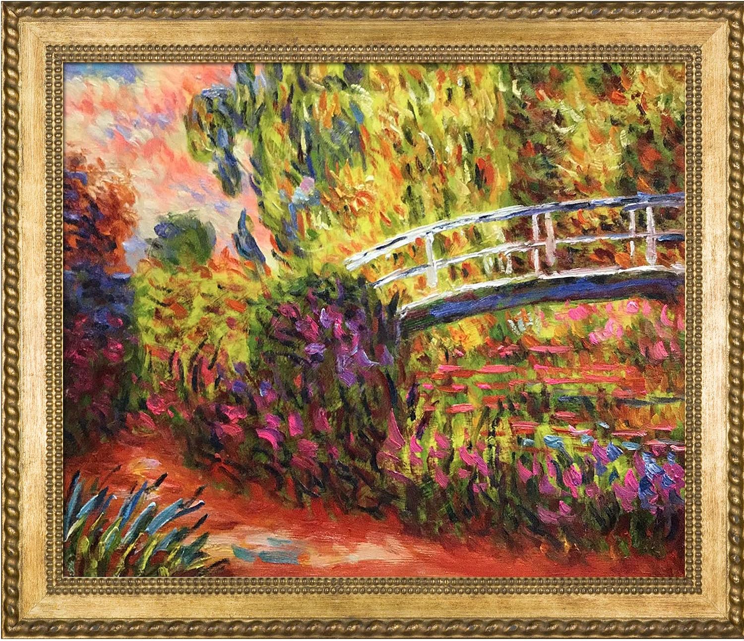 La Pastiche overstockArt The Japanese Bridge Lily Pond, Water Irises with Verona Gold Braid Framed Oil Painting, 40.75" x 28.75", Multicolor (MON2660-FR-870901324X36)