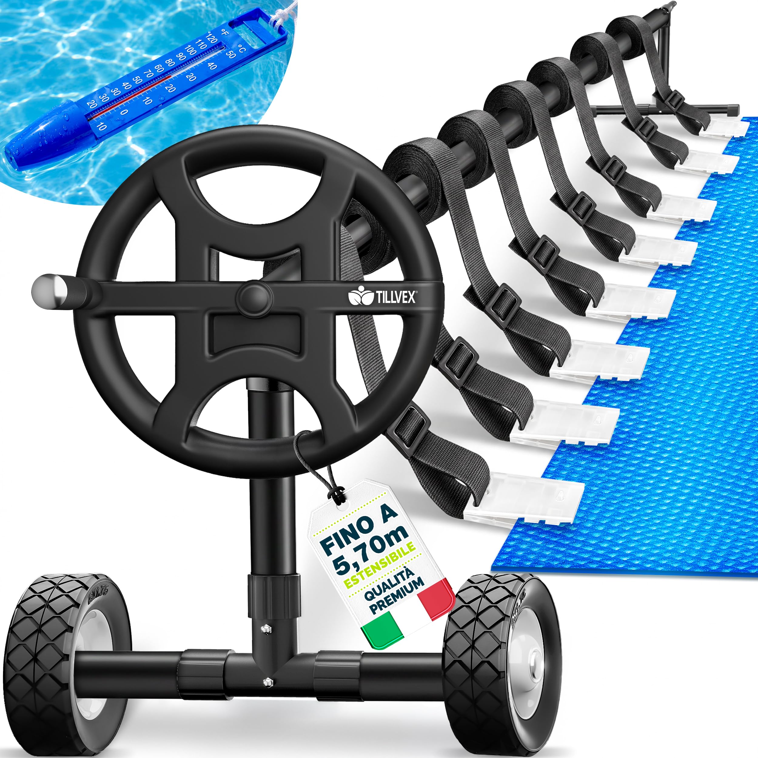tillvex Rullo Avvolgitore per Telo da Piscina 3-5,70 m con termometro e nastri di fissaggio | Sistema di avvolgimento per Teli solari | Dispositivo di avvolgimento per Teli per Piscina e coperture