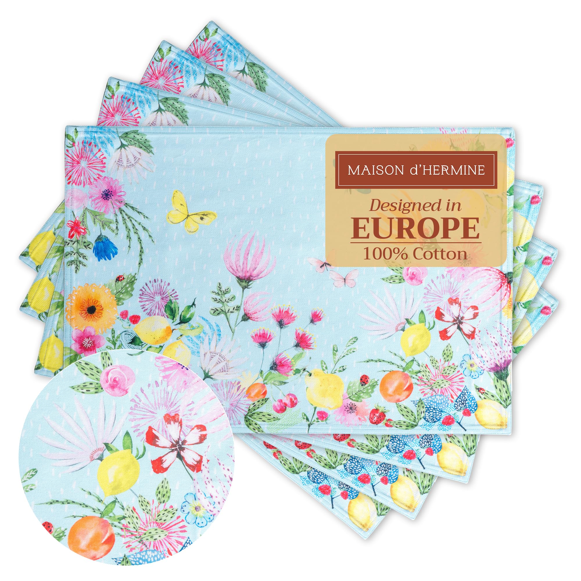 Maison D' Hermine 030 - Jardin D'ete - Mint Placemats Set Of 4 100% Cotton Washable Reusable Table Mats For Home Kitchen Dining Party Wedding Restaurant Spring Summer (Jardin D'ete - Mint, 33 Cm X 48 Cm)