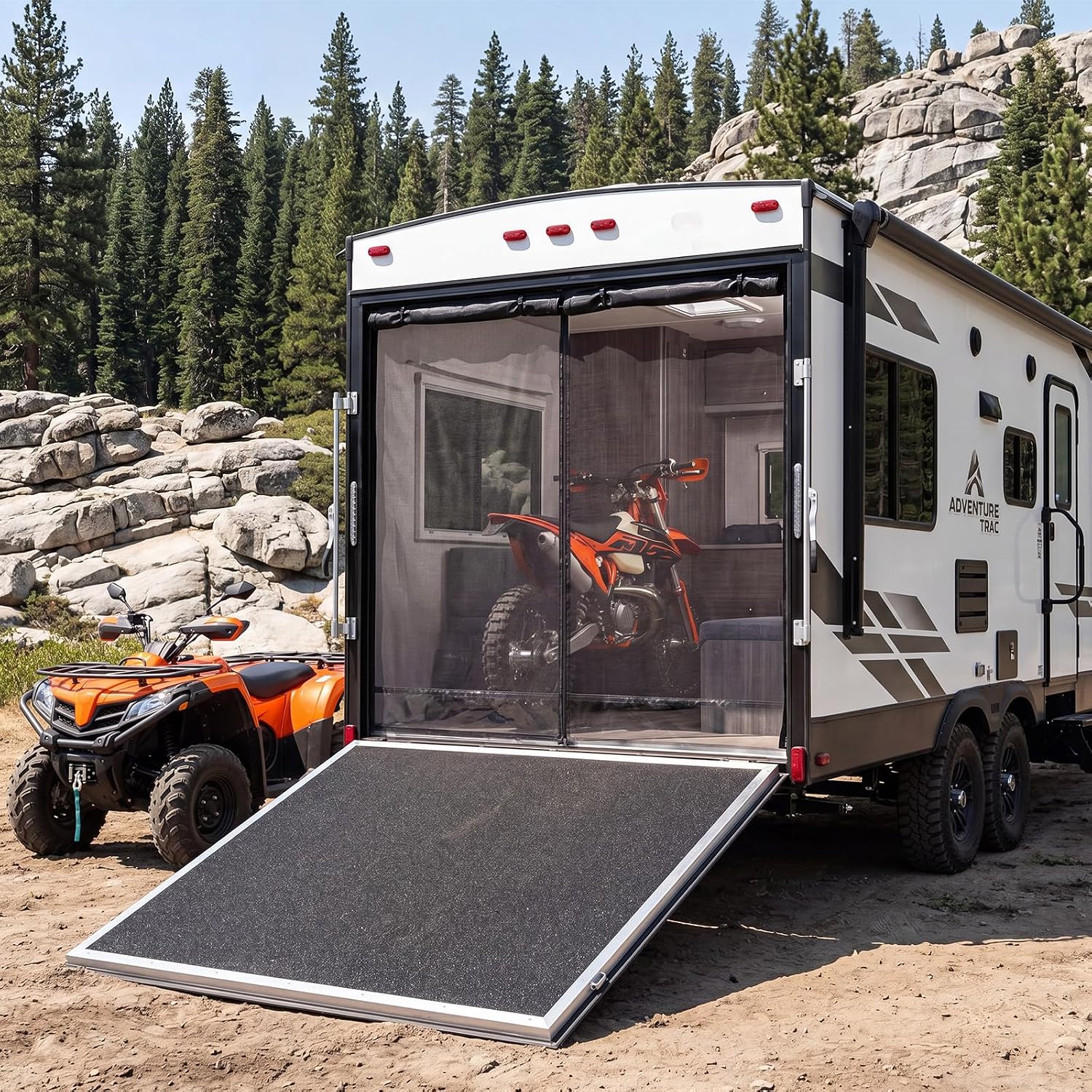 Tegeme Toy Hauler Ramp Door Screen, 98" x 98" Dual Layer Rear Opening Screen with Black Mesh and Waterproof Privacy Panel, Roll-up Zipper Closure, Rv Camper Travel Trailer