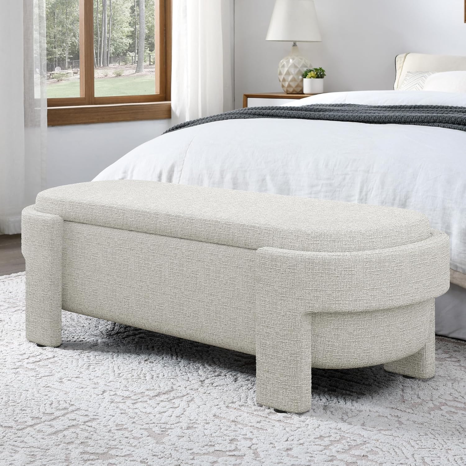 Storage Ottoman Bench 51" Linen Fabric Upholstered Storage Bench with Hidden Compartment Modern Bedroom Bench for Living Room Entryway (Beige Stripe)