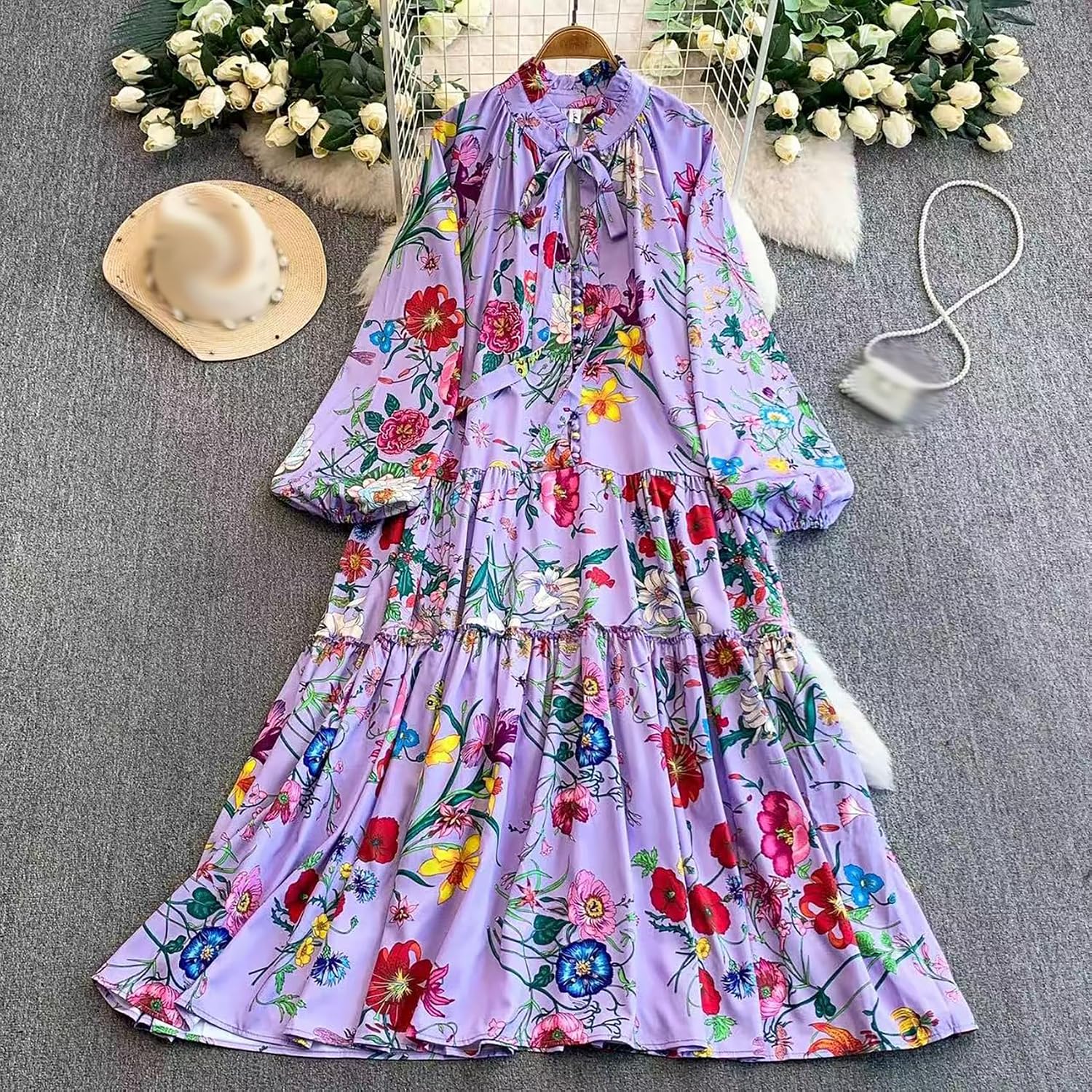 LAI MENG FIVE CATS Women's Tie Neck Floral Print Lantern Sleeves Button Loose Fit Tiered Flowy Maxi Dress