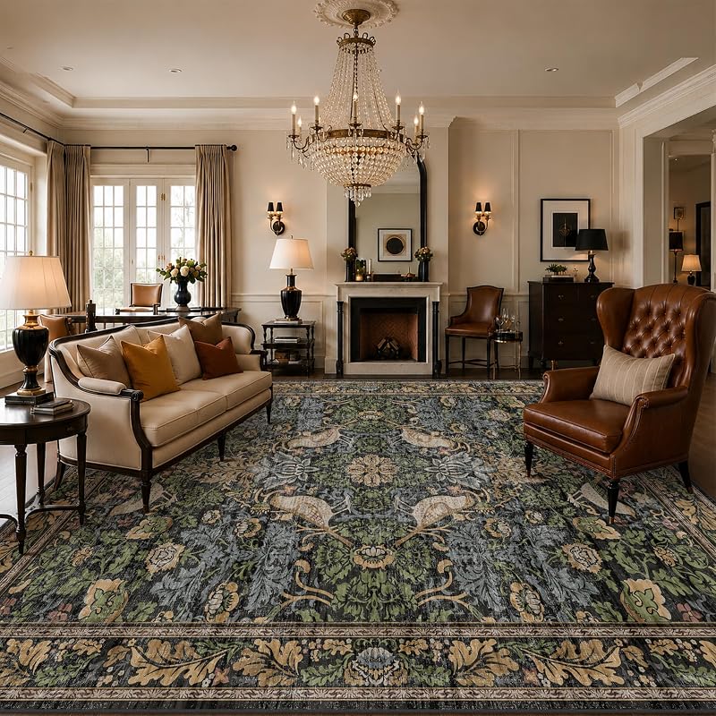 Dark Living Room Rug 8x10 - Large Washable Vintage Floral Area Rugs for Dining Room, Bedroom, Traditional Antique Style, Birds and Leaves Nature Design, Non-Slip Low Pile (Dark Green/Brown)