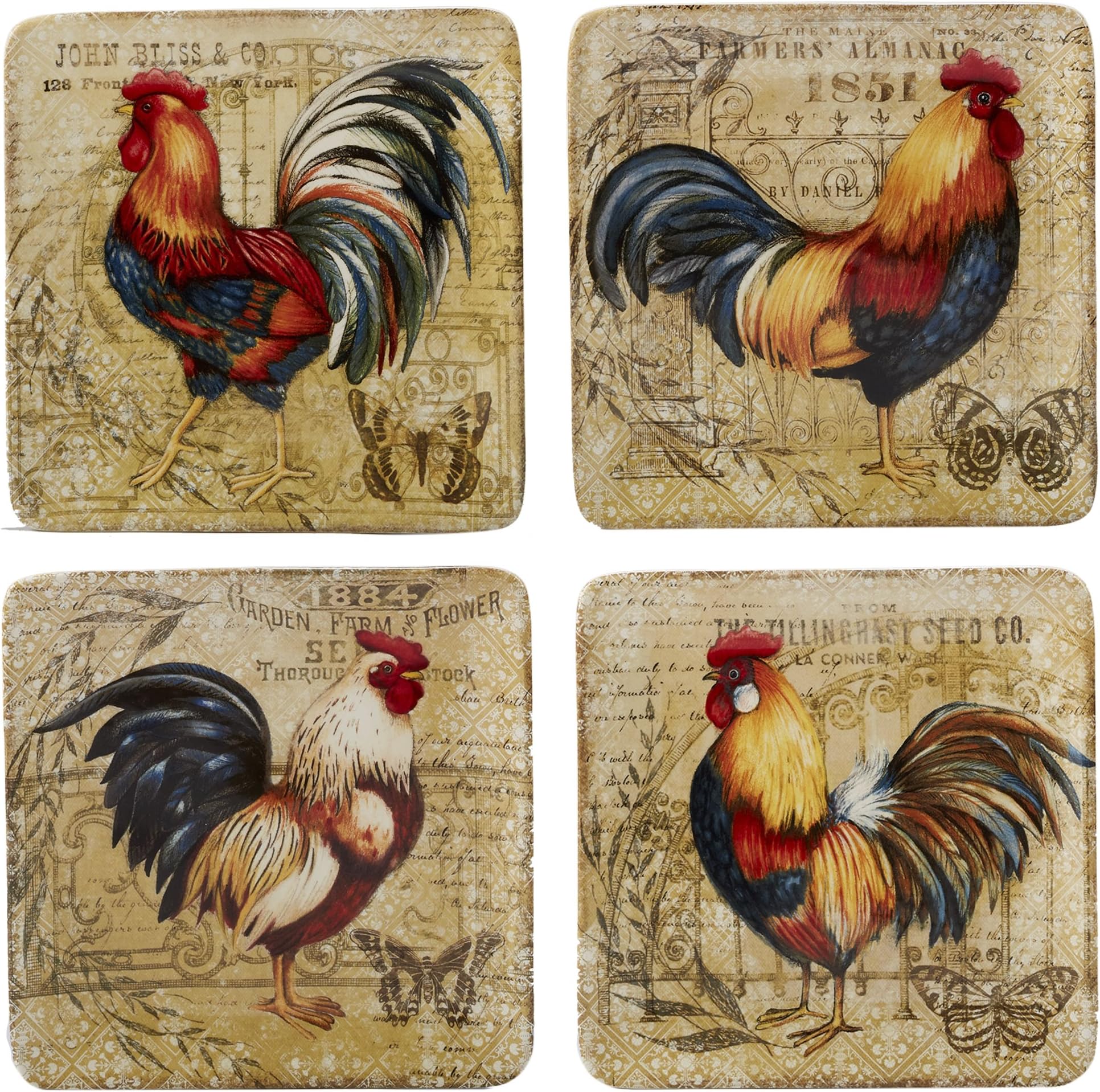 Certified International - 23651SET4 Certified International Gilded Rooster Set/4 Salad Plate 8.5", Assorted Designs,One Size, Multicolored