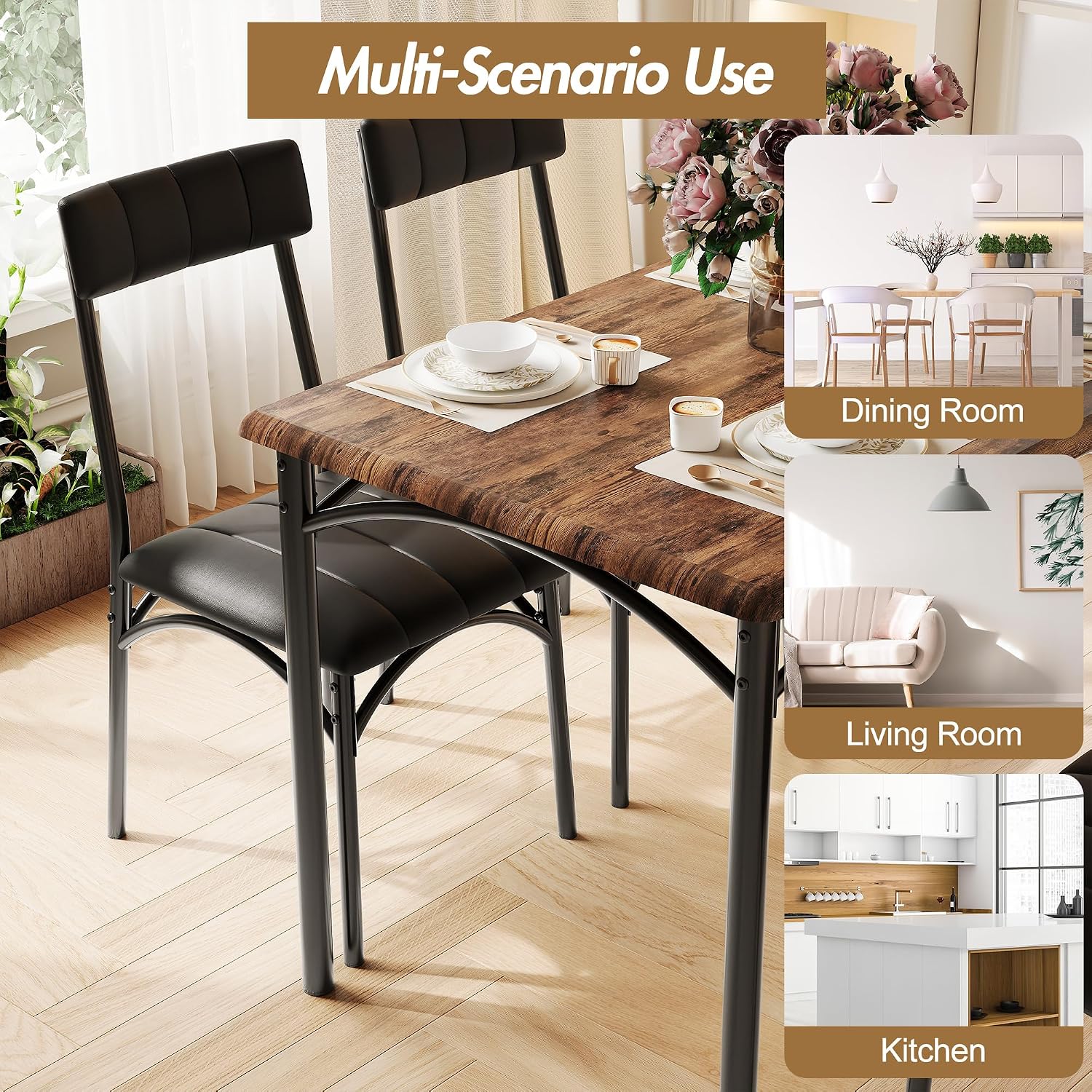 Dining Table Set for 4, Space-Saving Wood Kitchen Table with Upholstered Bench and 2 Chairs for Small Apartments and Dining Rooms, Durable Metal Frame with Cozy Seats and High Weight Capacity