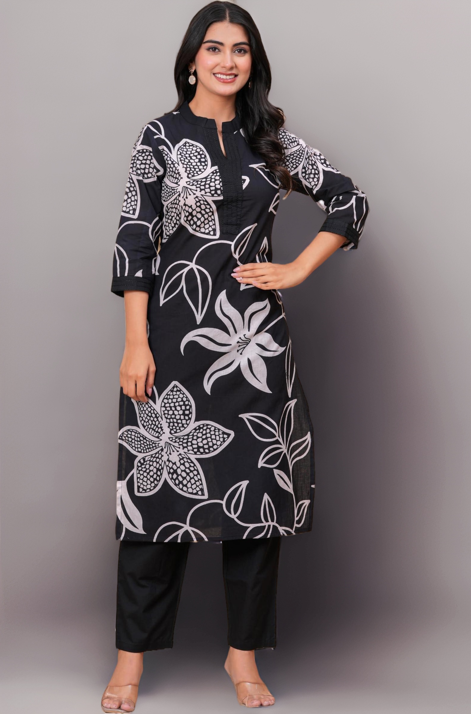 MEERA FAB Women's Pure Cotton Printed Ethnic Wear Straight Kurta Set with Palazzo Pants