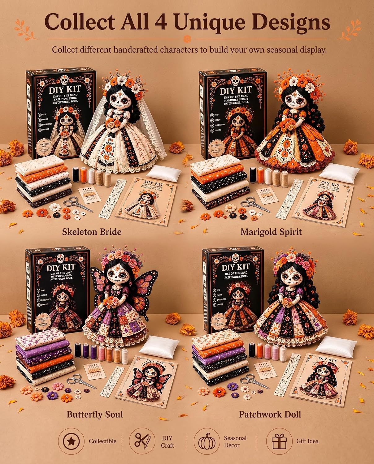 Day of the Dead Patchwork Doll Sewing Kit DIY Craft for Adults, 4in1