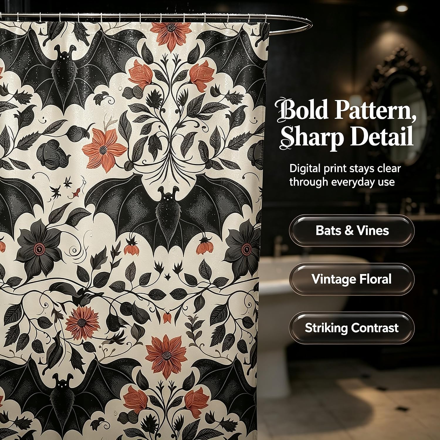 Erosebridal Bats Halloween Decoration Shower Curtain Set Gothic Bath Curtain 72" Wx72 L, Boho Vintage Floral Victorian Decor Goth Silhouette Dark Shadows Bathroom Accessories