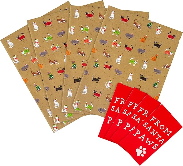 Hallmark Wrapping Paper and Gift Tag Bundle for The Cat - Multipack of 2 Sheets and 2 Tags, in 1 Design