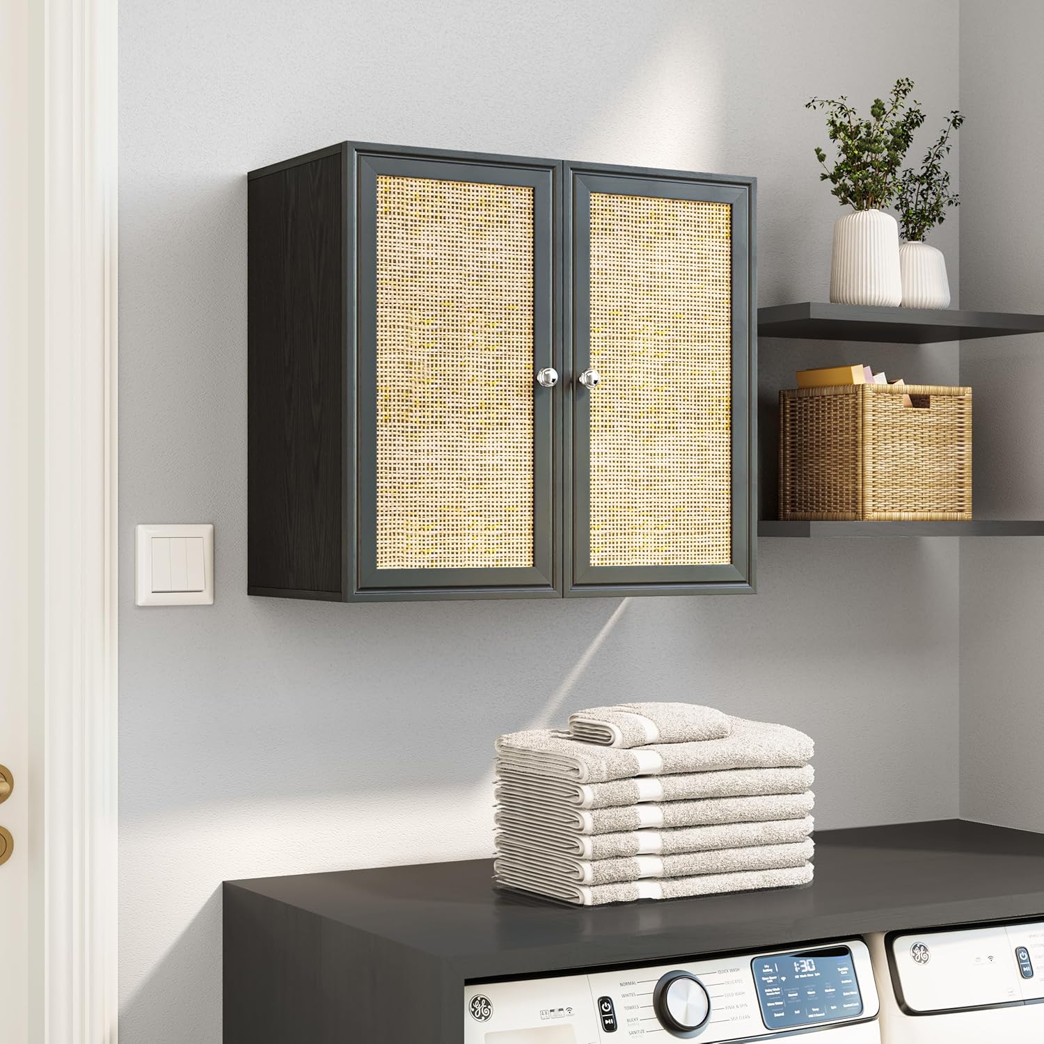 Wall Cabinet Storage-Rattan Laundry Cabinet,Kitchen Wall Mounted Cabinet with Adjustable Shelves for Laundry Room, Kitchen,Dining Room,Bathroom 24INCH X 1PCS