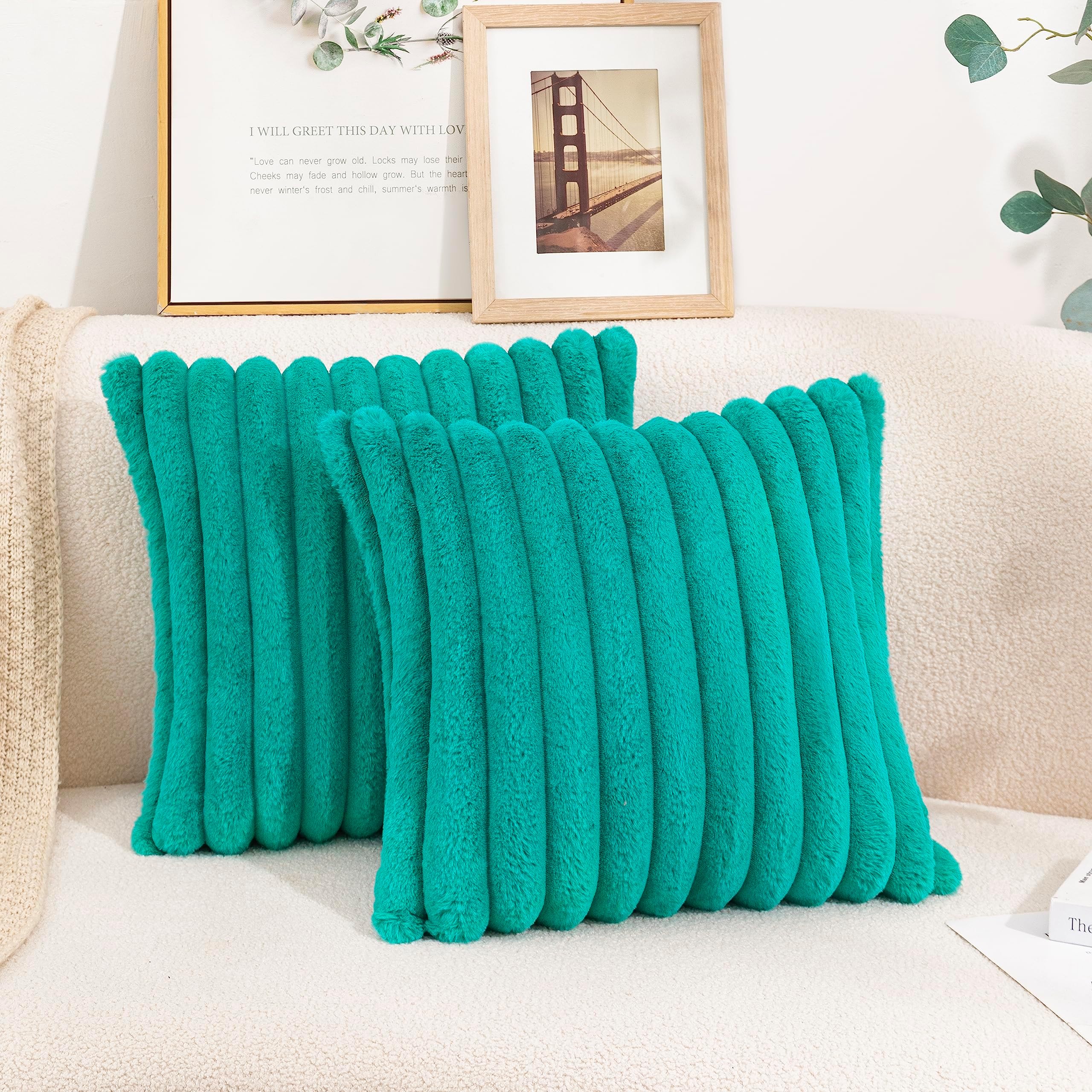 UhomyPack of 2 Faux Fur Home Decorative Throw Pillow Cover Luxury Super Soft Fuzzy Striped Furry Pillowcase for Sofa Couch Bedroom Comfy Thick Fluffy Plush Cushion Cover 20x20 Inch Turquoise