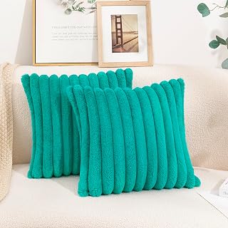 Uhomy Paquete de 2 fundas de cojín de pelo sintético para decorar el hogar, supersuaves, mullidas, a rayas, color verde, para sofá, dormitorio, cómoda, gruesa y esponjosa, 20 x 20 pulgadas, turquesa