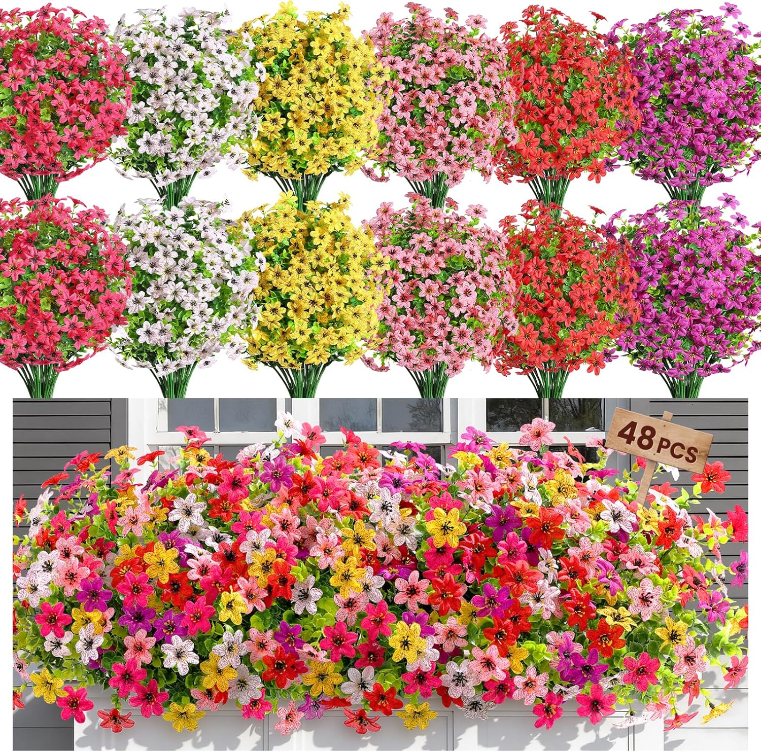 SHareconn 48 Bundles Artificial Flowers for Outdoors Spring Decoration, Fake Silk Realistic Faux Plants UV Resistant No Fade for Home Planter Porch Patio Summer Indoor Outside Decor, Mix 6 Colors