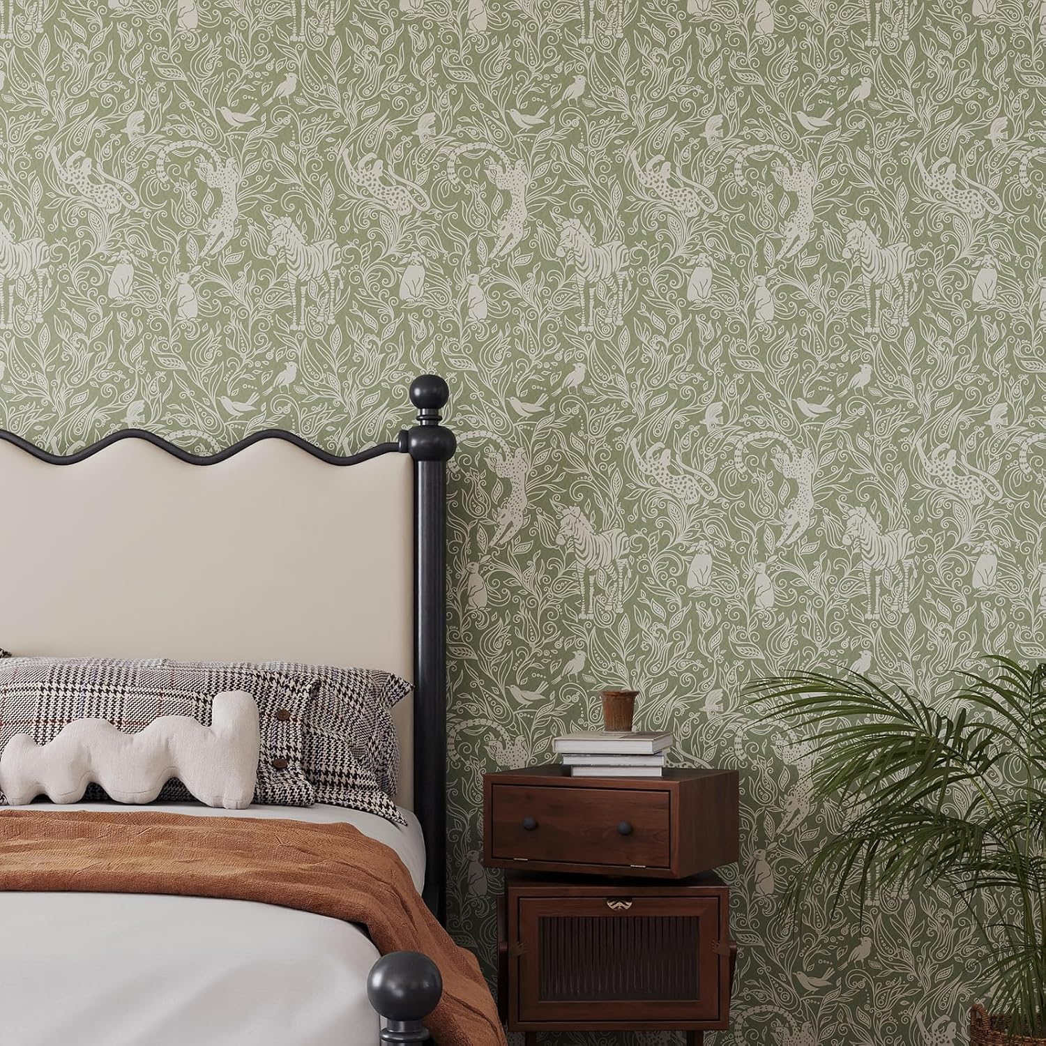 Vinjiasin Boho Safari Animal Wallpaper, Green Neutral Tone Jungle Leopard Zebra Bird Peel and Stick Wallpaper,Waterproof Contact Paper for Nursery Bedroom Living Room Home Decor 17.7" x 78.7"
