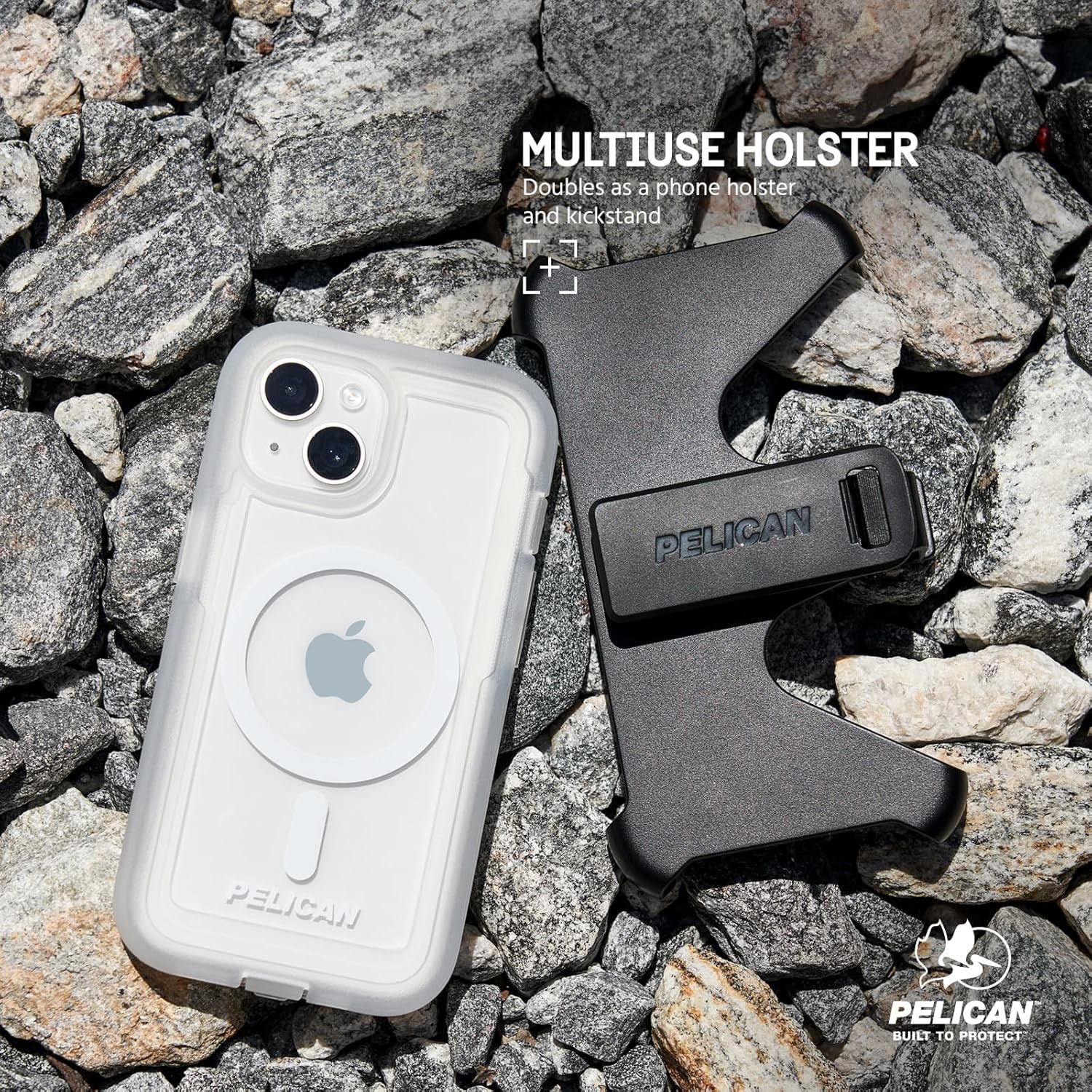 Pelican Voyager Series - iPhone 15 Case 6.1" [Compatible with MagSafe] [Anti-Yellow] Magnetic Charging Phone Case with Belt Clip Holster Kickstand [18ft Military Grade Drop Protection] - Clear