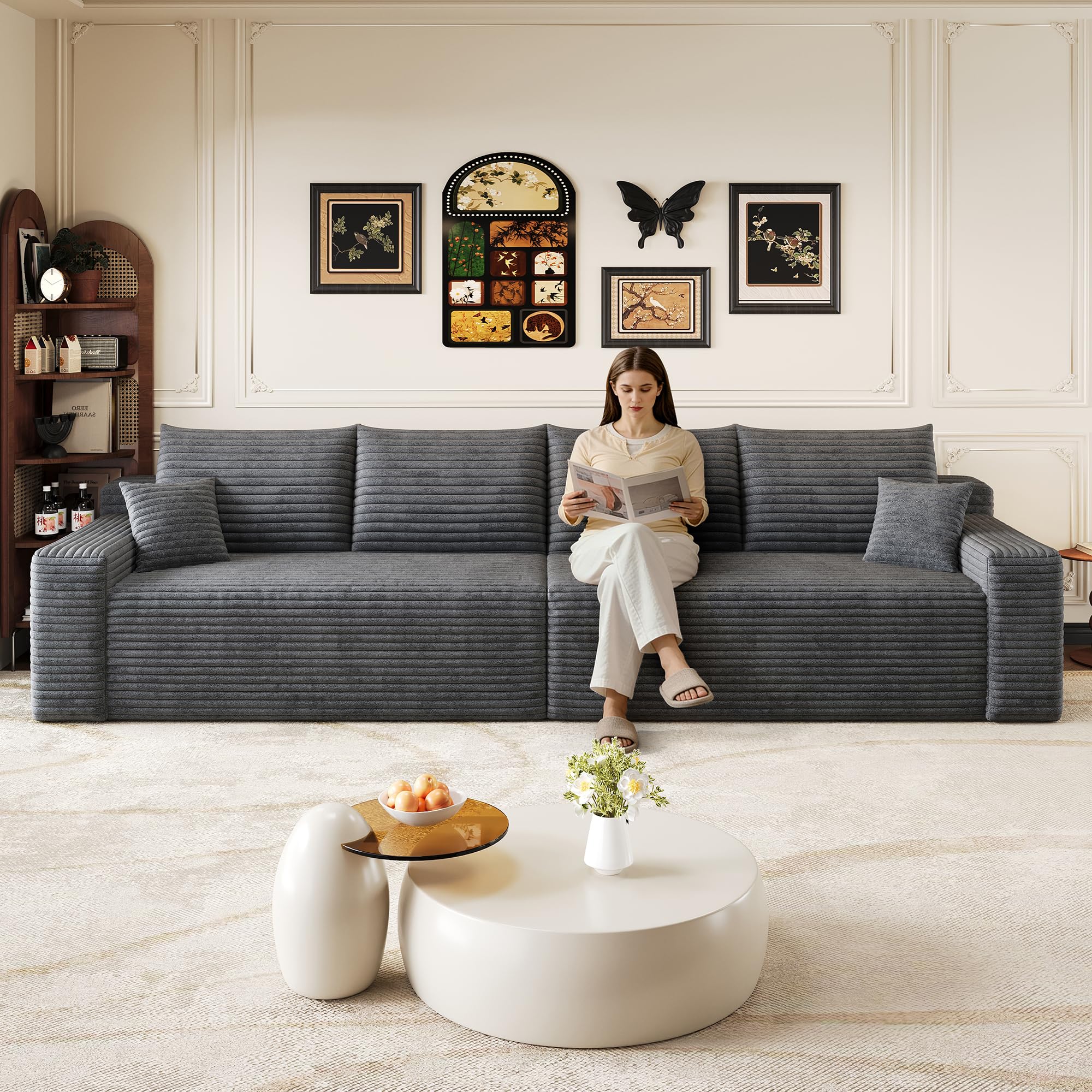Comodo divano in velluto a coste da 302 cm, moderno e minimalista, con chaise longue in spugna, per soggiorno, modulare modulare senza ossa, grigio scuro: 4 persone