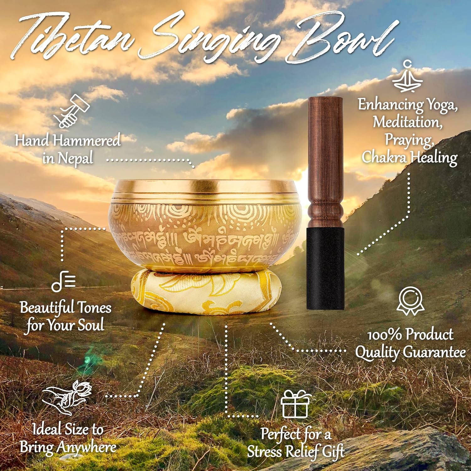 Tibetan Singing Bowl Set Authentic – 2-Pack Handmade in Nepal Sound & Meditation Bowl – Spiritual Decor for Yoga, Chakra Healing, Meditation Gifts, Unique Gifts for Women