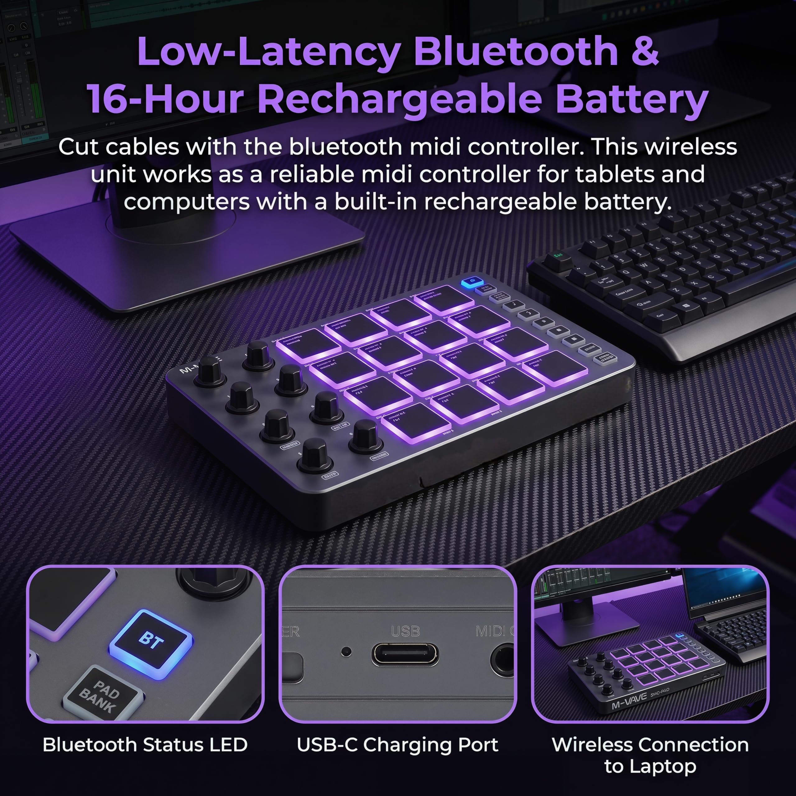 M-VAVE SMC-PAD Controlador MIDI, almohadillas MIDI portátiles inalámbricas Bluetooth con almohadillas sensibles a la velocidad, Beat Maker, cable de audio blanco de 6.35 mm (gris)