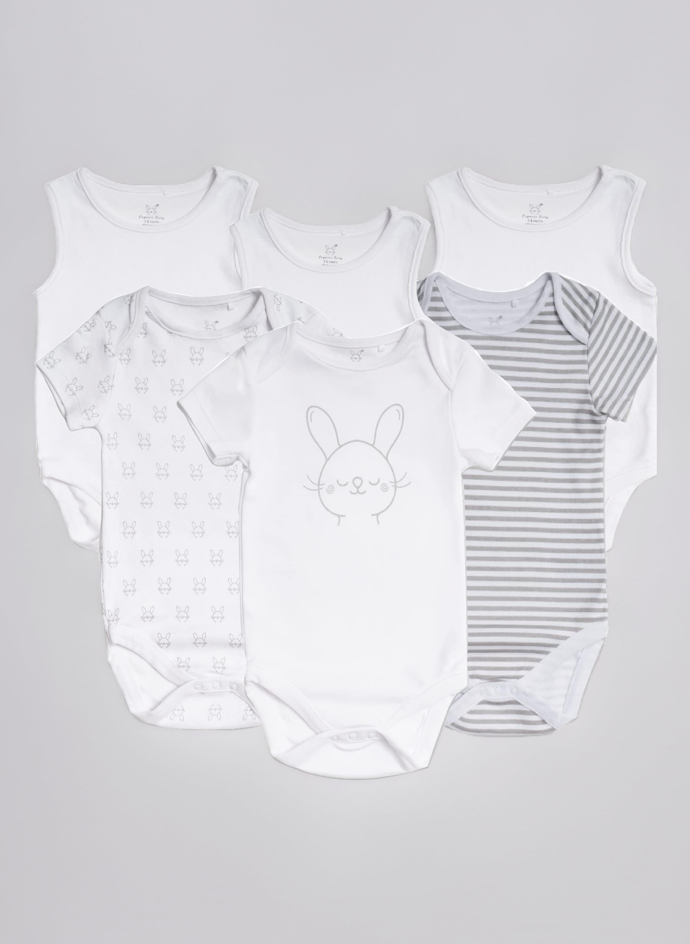 100% Gots Certified Organic Cotton Unisex Baby Short Sleeve Printed Bodysuits And Plain White Vests Pack Of 6 For Boys And Girls (0-18 months)