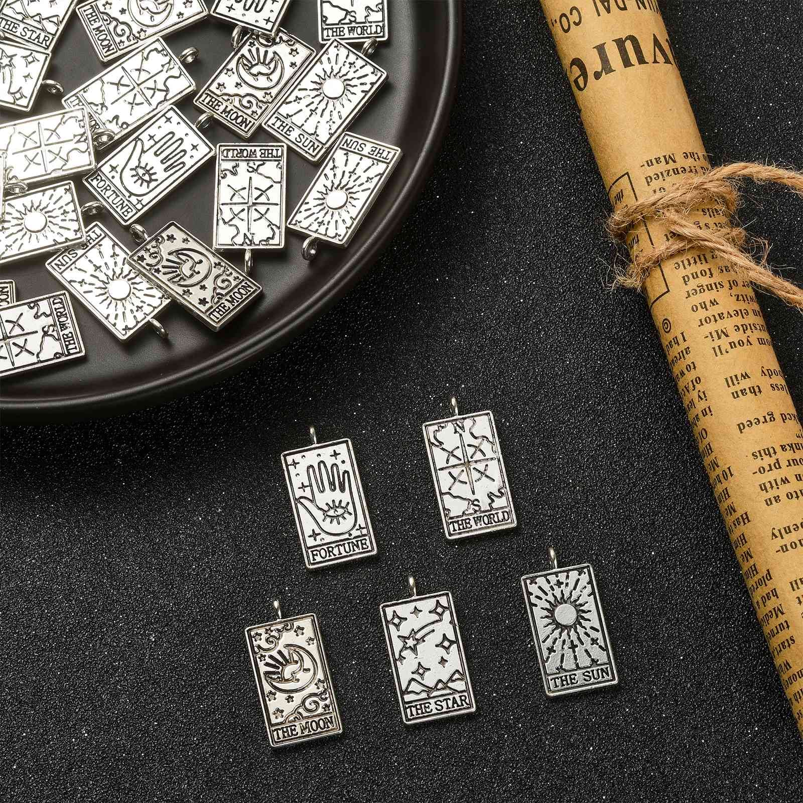 Stiesy 50Pcs 5 Styles Antique Silver Tarot Charms Tibetan Style Sun Moon Tarot Card Charm Vintage Magic Divination Card Jewelry Pendant Bulk for Bracelet Jewellery Making DIY Crafts Necklace - Image 3