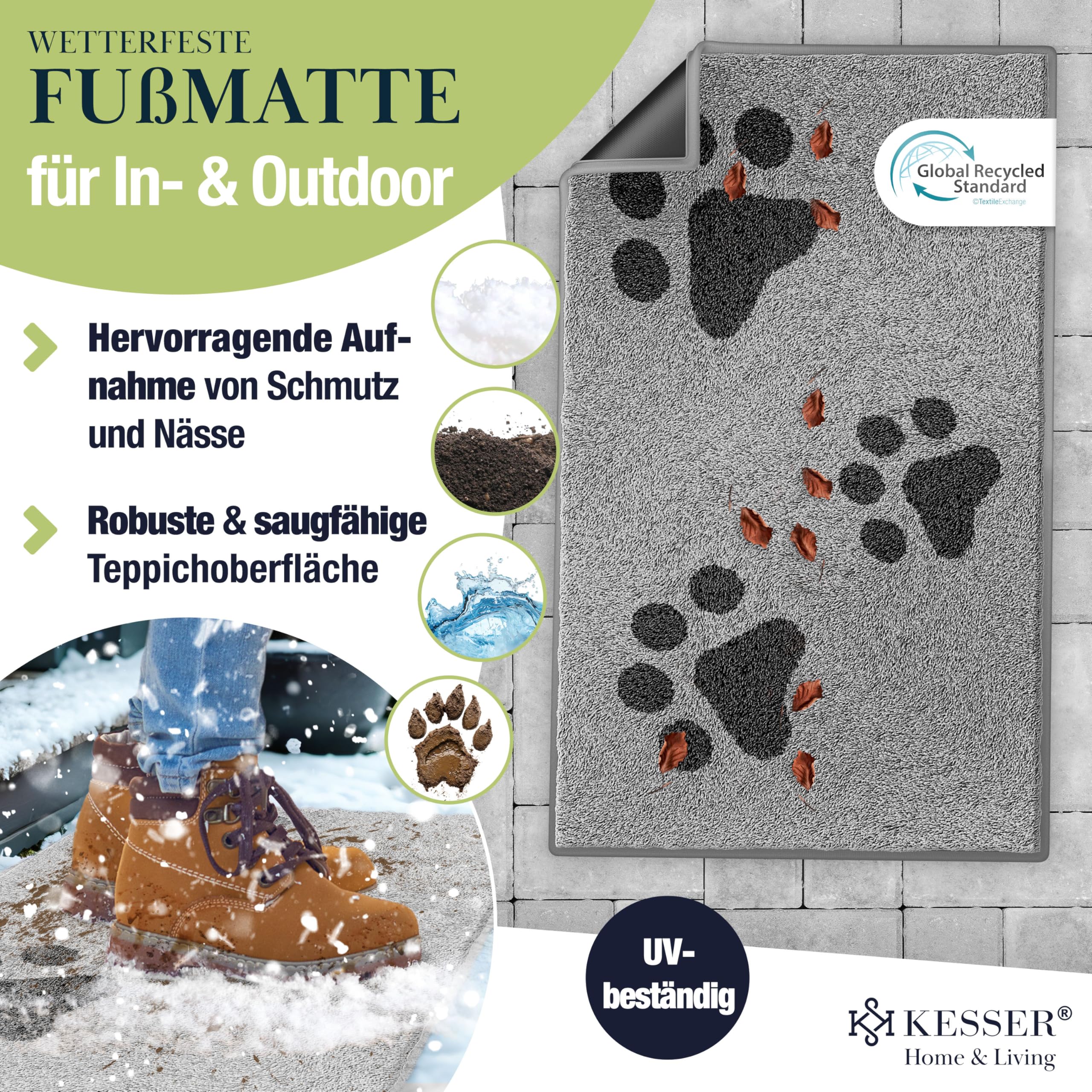 KESSER Schmutzfangmatte Profi Fußmatte in vielen Größen, Türmatte, Teppich, Fußabtreter & Fußabstreifer, rutschfest, wetterfest, maschinenwaschbar, Haustür & Wohnungseingang,Hellgrau Motiv 120x180cm