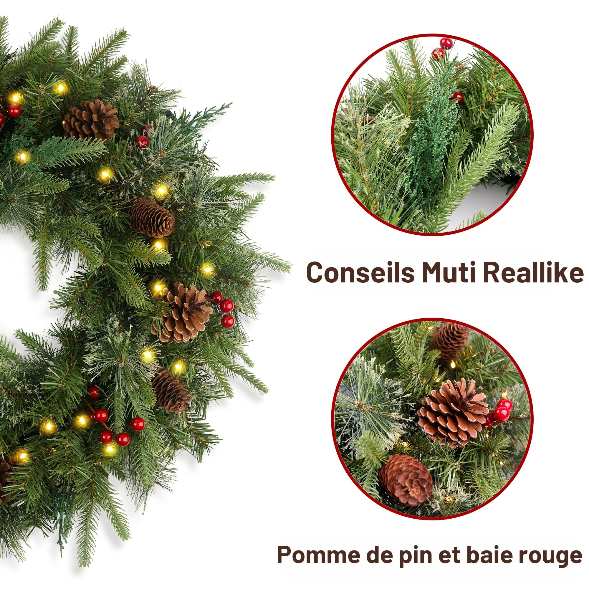 Couronne De Noël Pré-éclairée 61 Cm - 50 Lumières LED, Pommes De Pin, Boules Rouges Dorées - Pour Porte, Intérieur/extérieur