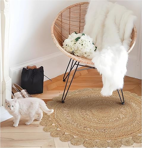 Miniatura 8 de Bedding Craft Alfombra redonda tejida a mano de yute de hilo natural de 3 pies con estilo trenzado reversible, ideal para dormitorio, cocina, sala