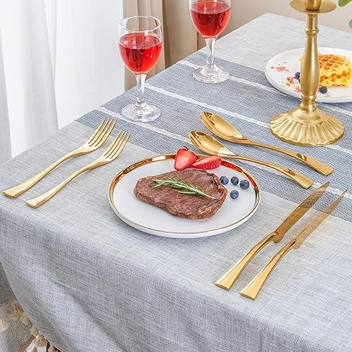 Miniatura 7 de Juego de cubiertos dorados de 24 piezas con cuchillos de carne para 4, moderno juego de cubiertos de acero inoxidable 1810, juego de utensilios para