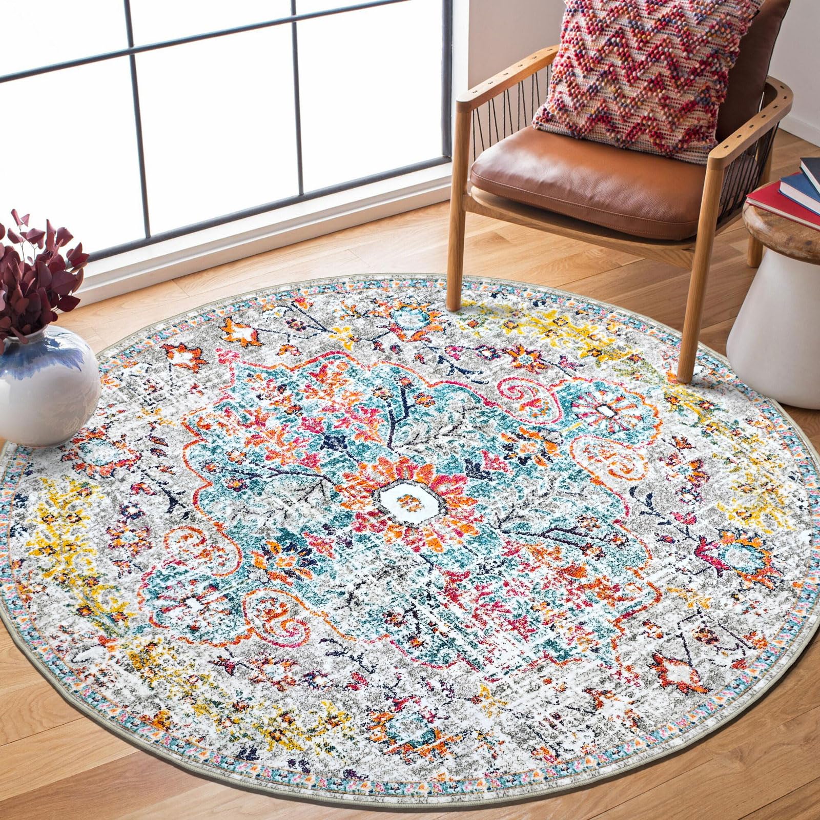 Othilic Oriental Round Area Rug 4ft, Vintage Distressed Floral Washable Small Round Rugs for Entryway, Non-Slip Indoor Boho Soft Circle Rugs for